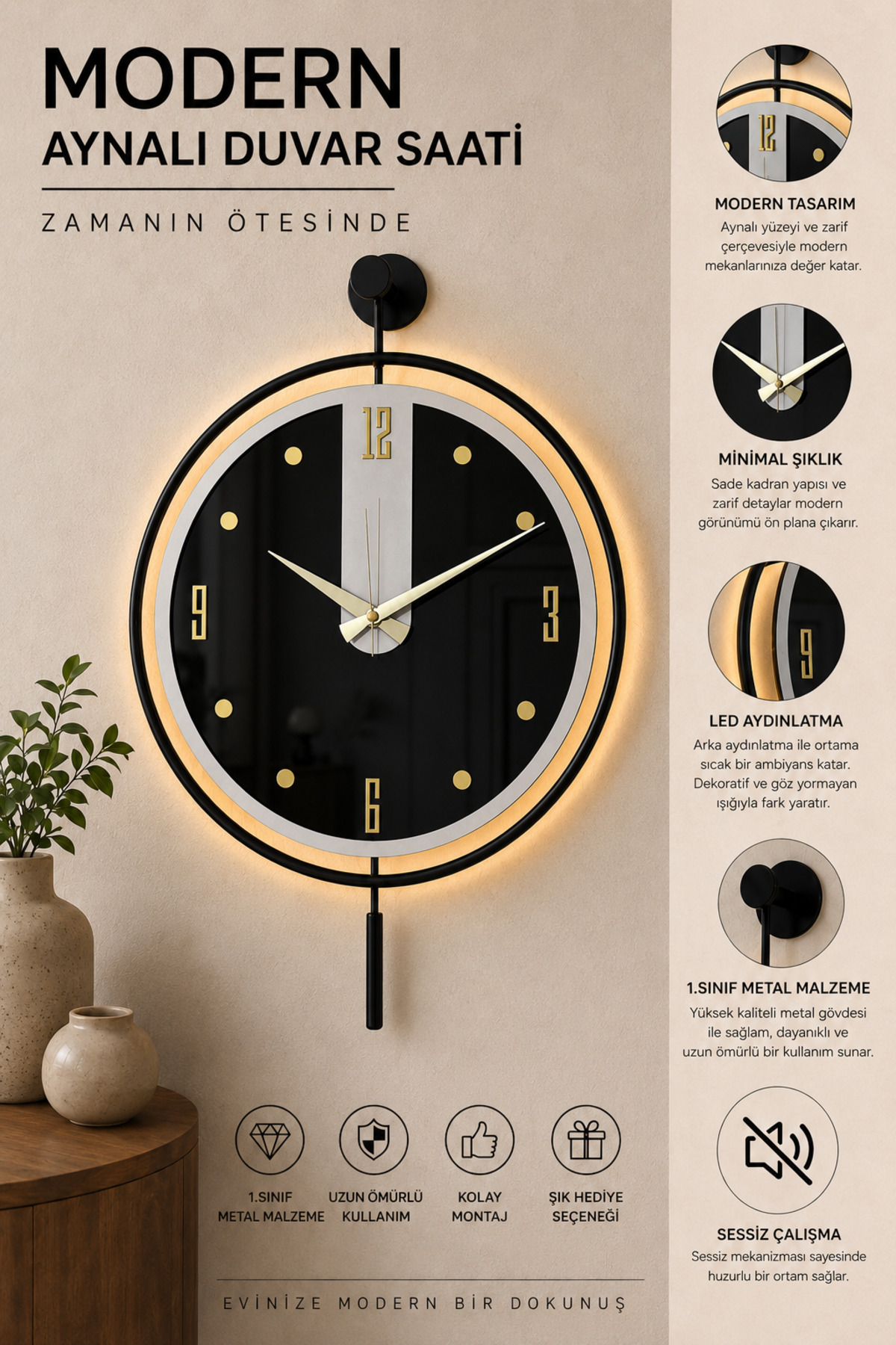 Metal 40x60cm Glass Wall Clock Real Glass Wall Clock with Light Modern Design