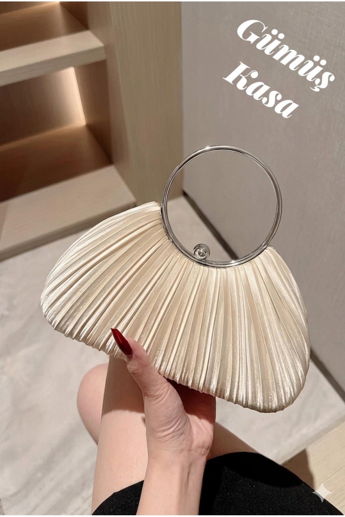 Famels Ten Saten Yeni Model Pilseli Abiye Çanta Kol/El Çantası Abiye Şık Çanta Gümüş Kasa görsel 3