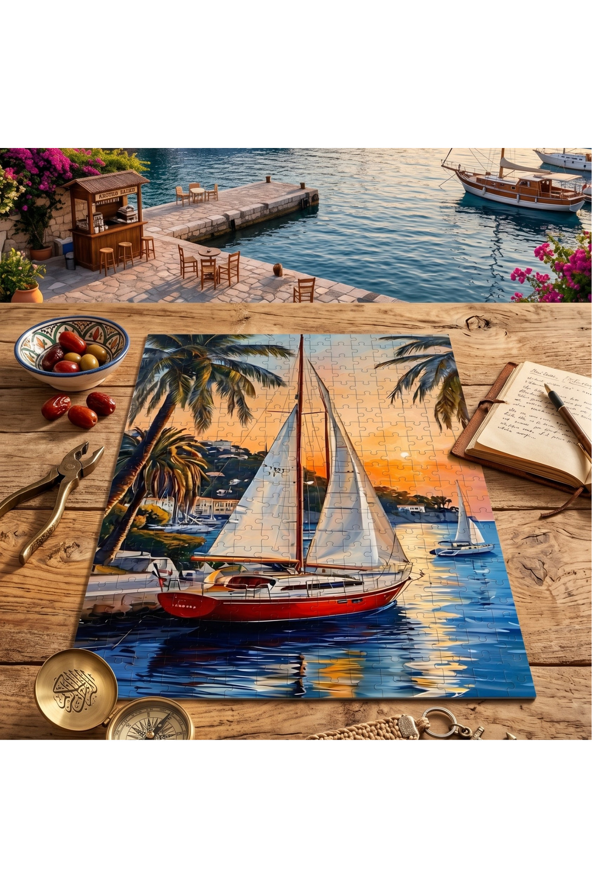 クリスタルライン　70sヴィンテージボード　手渡し限定 Soi Craft 500 Parça Puzzle Yelkenli Tekne ve Palmiyeler Deniz