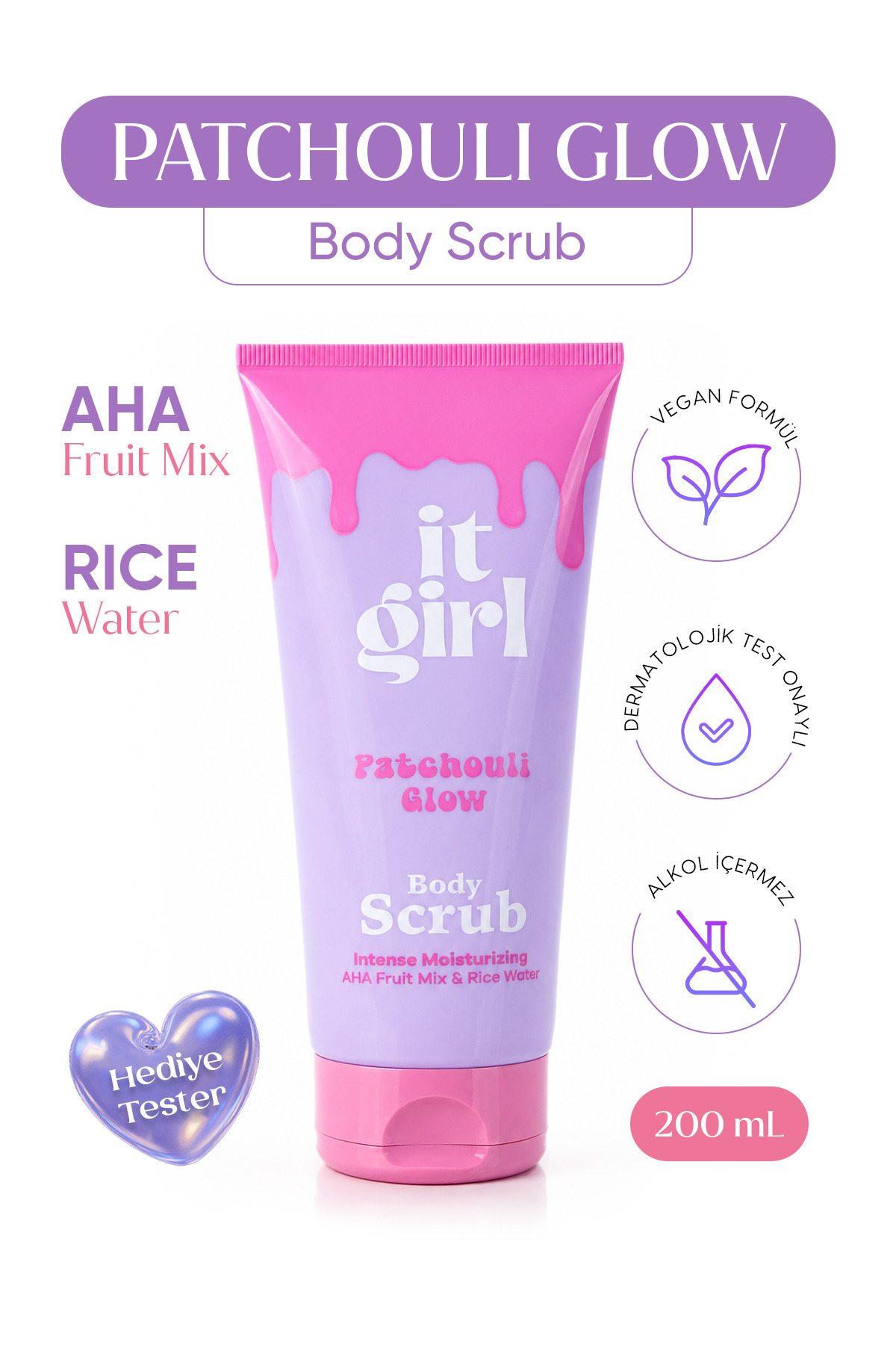 It Girl Patchouli Glow AHA&Rice Water Cilt Tonu Eşitleyici, Aydınlatıcı Vücut Peelingi | Body Scrub 200 ml — ITG-VP/BS-PG-200