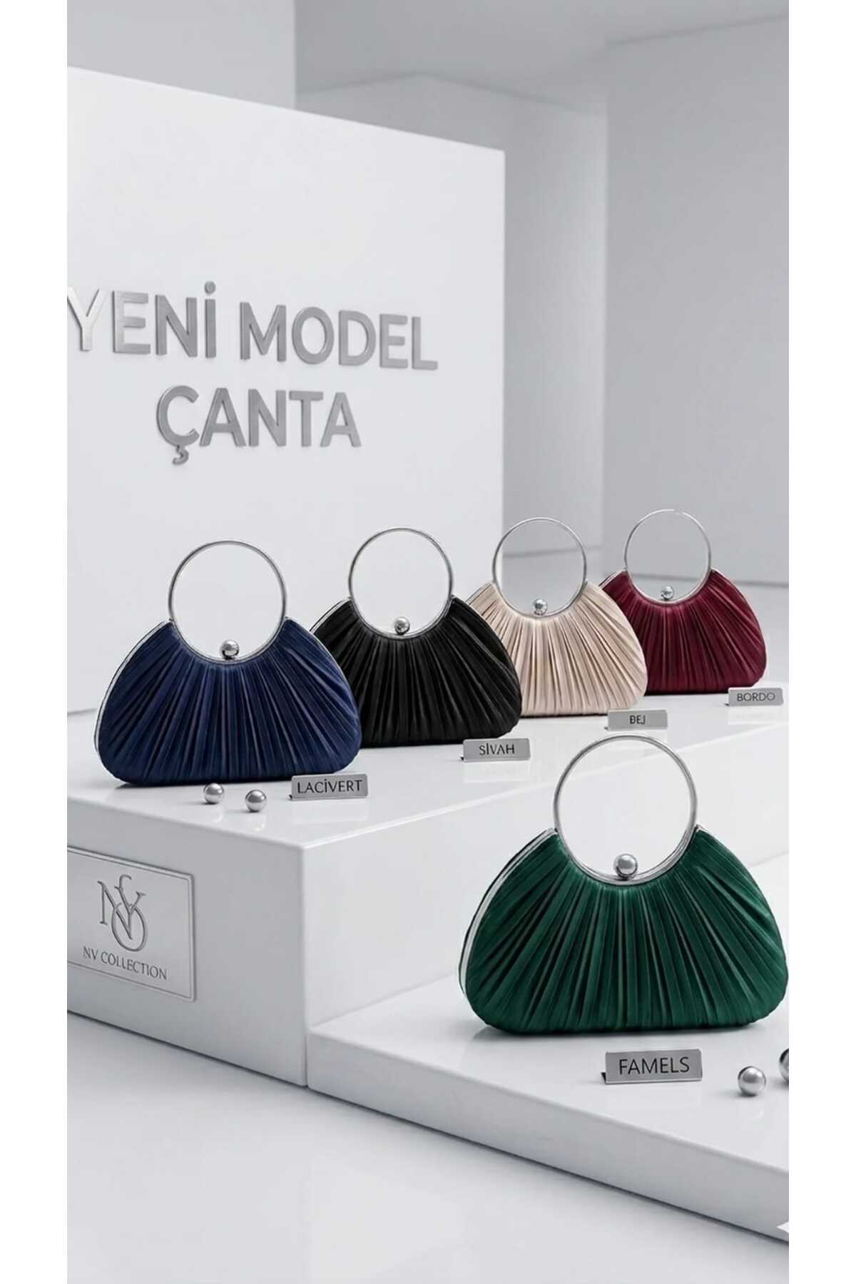 Famels Siyah Saten Yeni Model Pilseli Abiye Çanta Kol/El Çantası İnci Taşlı Abiye Şık Çanta Gümüş Kasa görsel 6