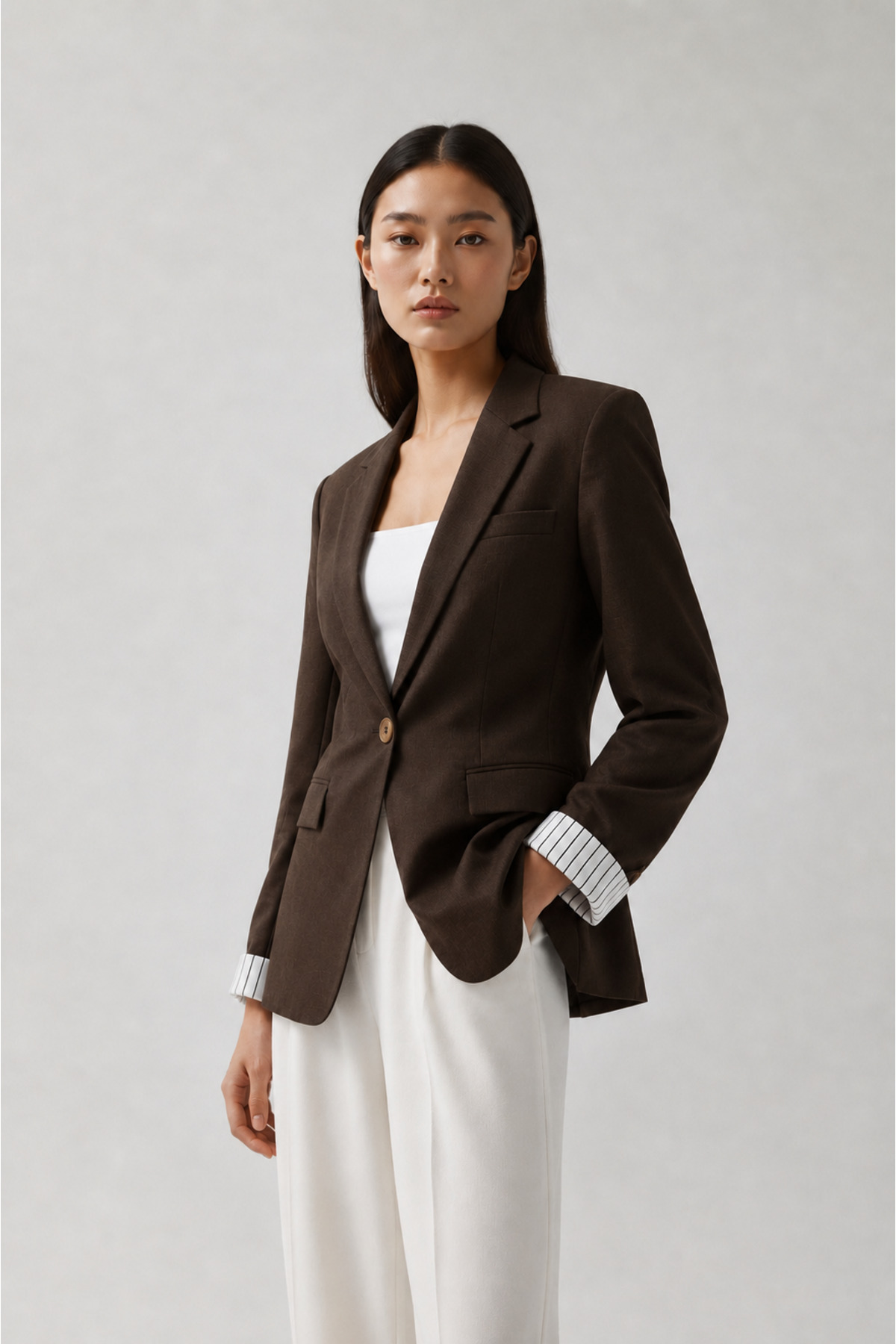 Women's Striped Sleeve Buttoned Blazer Jacket - Bitter Brown