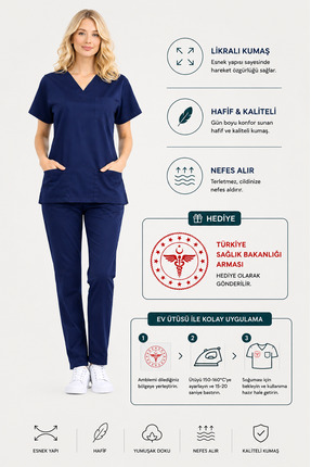 İNCİ ÜNİFORMA Lacivert Likralı Kadın Scrubs Takım Hemşire Doktor Forması V Ya...