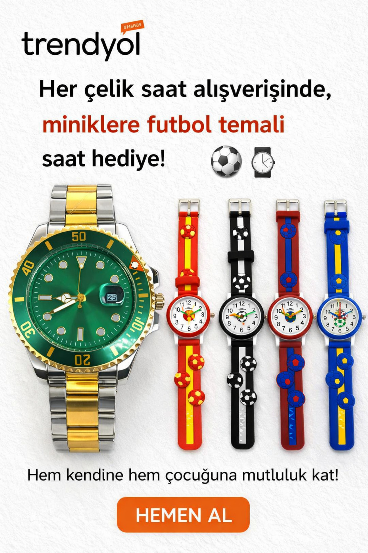 gturkstore Yeşil Çelik Erkek Kol Saati + Futbol Temalı Çocuk Saati Hediyeli görsel 2