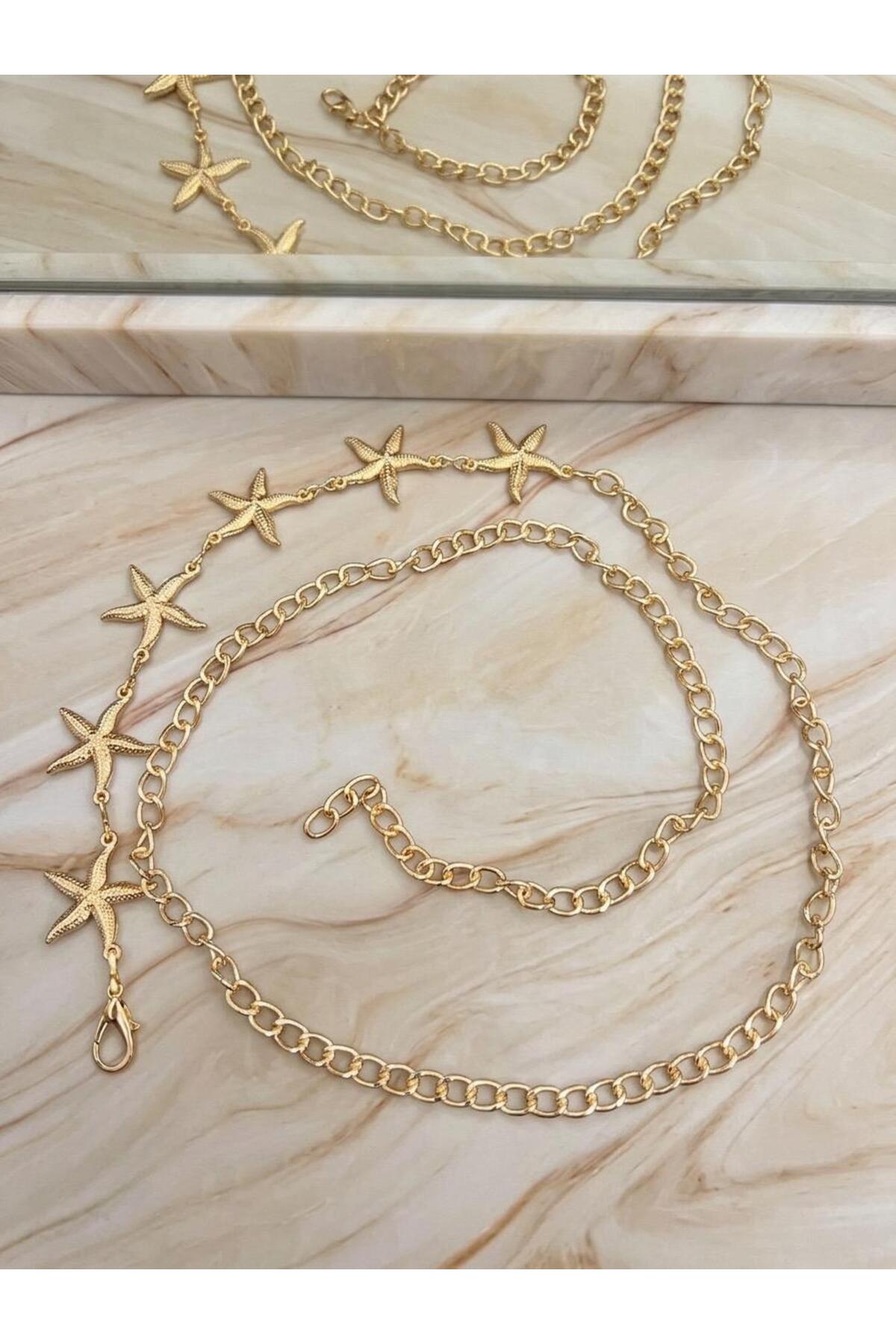 Mynoa 6'lıYıldız Gold Zincir Detaylı Kadın Bel Zinciri