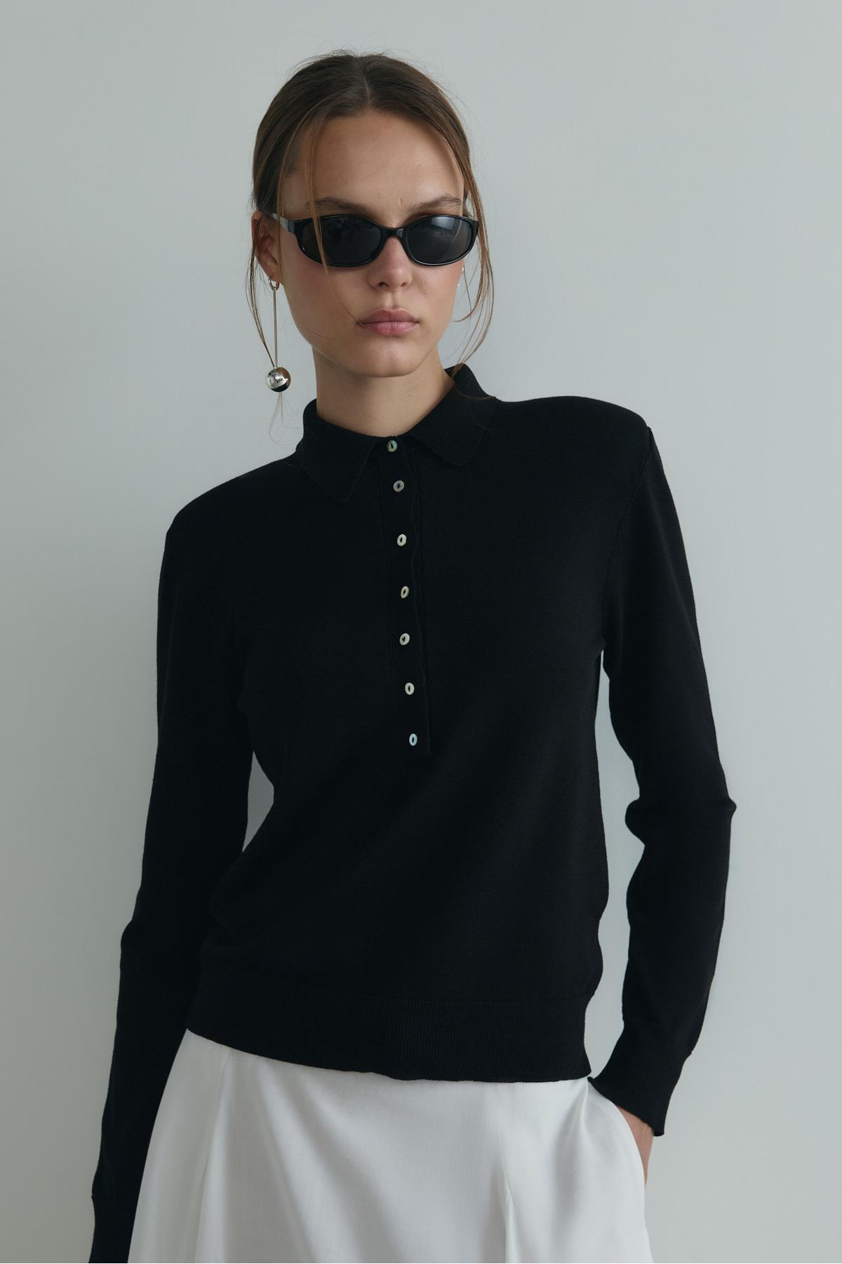 Suud Collection Siyah Carter Polo Yaka Triko Kazak görsel 7