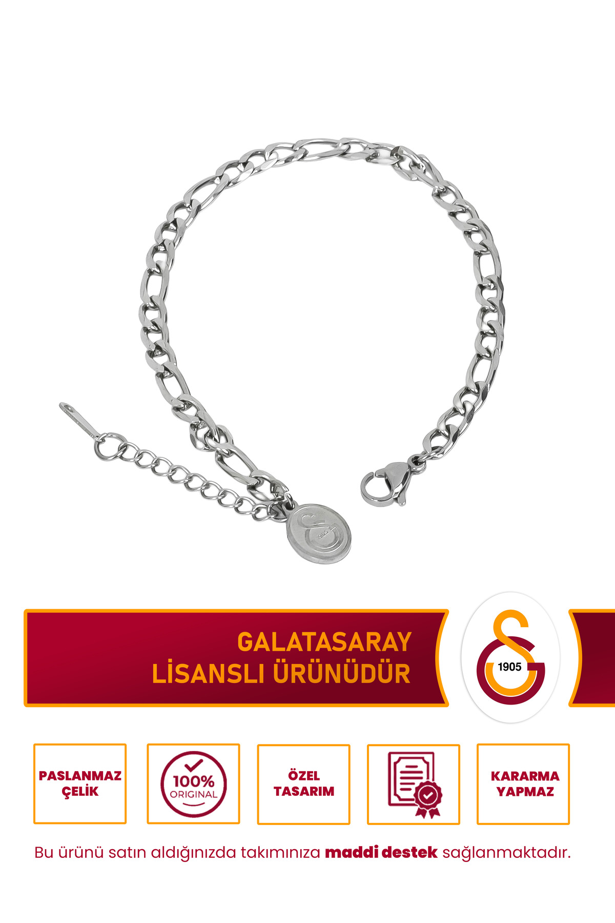 Galatasaray GS Logolu Ezme Desenli Ayarlanabilir 19 cm Çelik Bileklik Gri Lisanslı Taraftar Aksesuarı