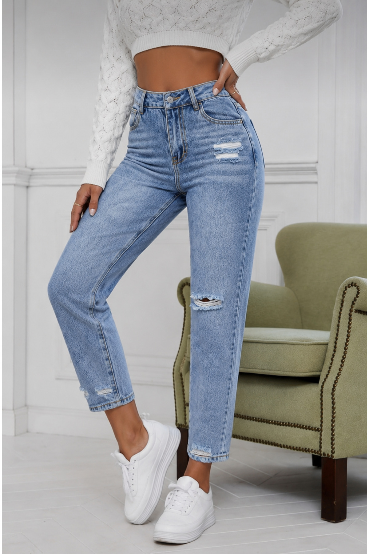 rengastyle Kadın Yırtık Detay Mom Fit Jean Kot Pantolon görsel 3