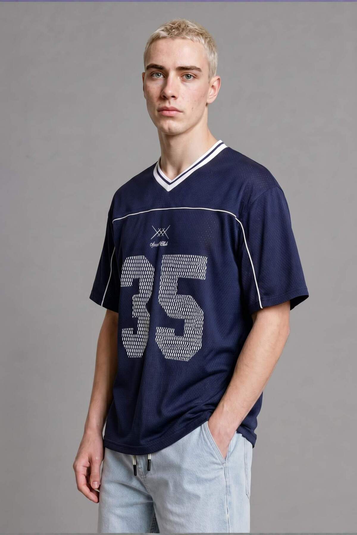 Defacto Boxy Fit V-Neck Short Sleeve Printed Navy Blue T-Shirt H7482Ax26Hs