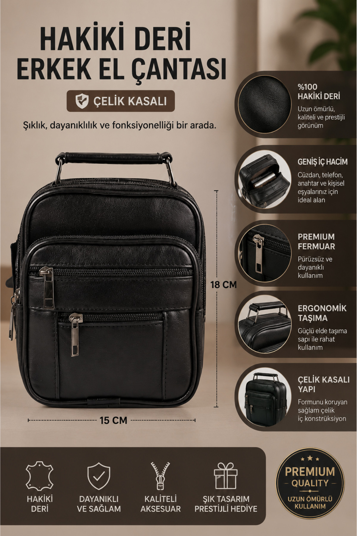 NEWISH POLO ACCESSORIES Erkek Siyah Çelik Kasalı Hakiki Deri El Ve Omuz Çantası Ayarlanabilir Askılı (Küçük Boy) görsel 2
