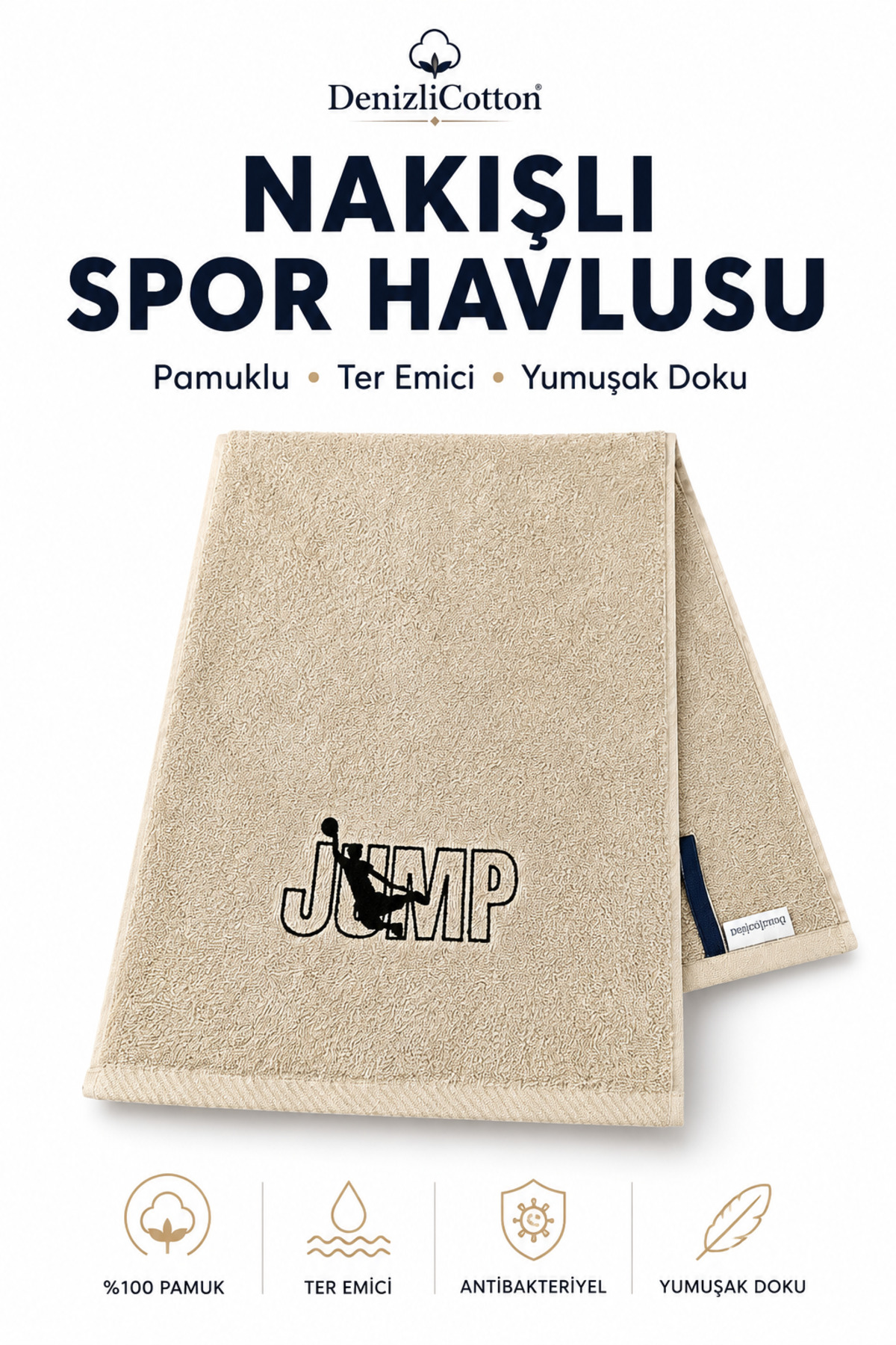 Beige Embroidered Sports Towel 30x90 cm Cotton Sweat Absorbent Fitness Pilates Tennis Boxing Towel