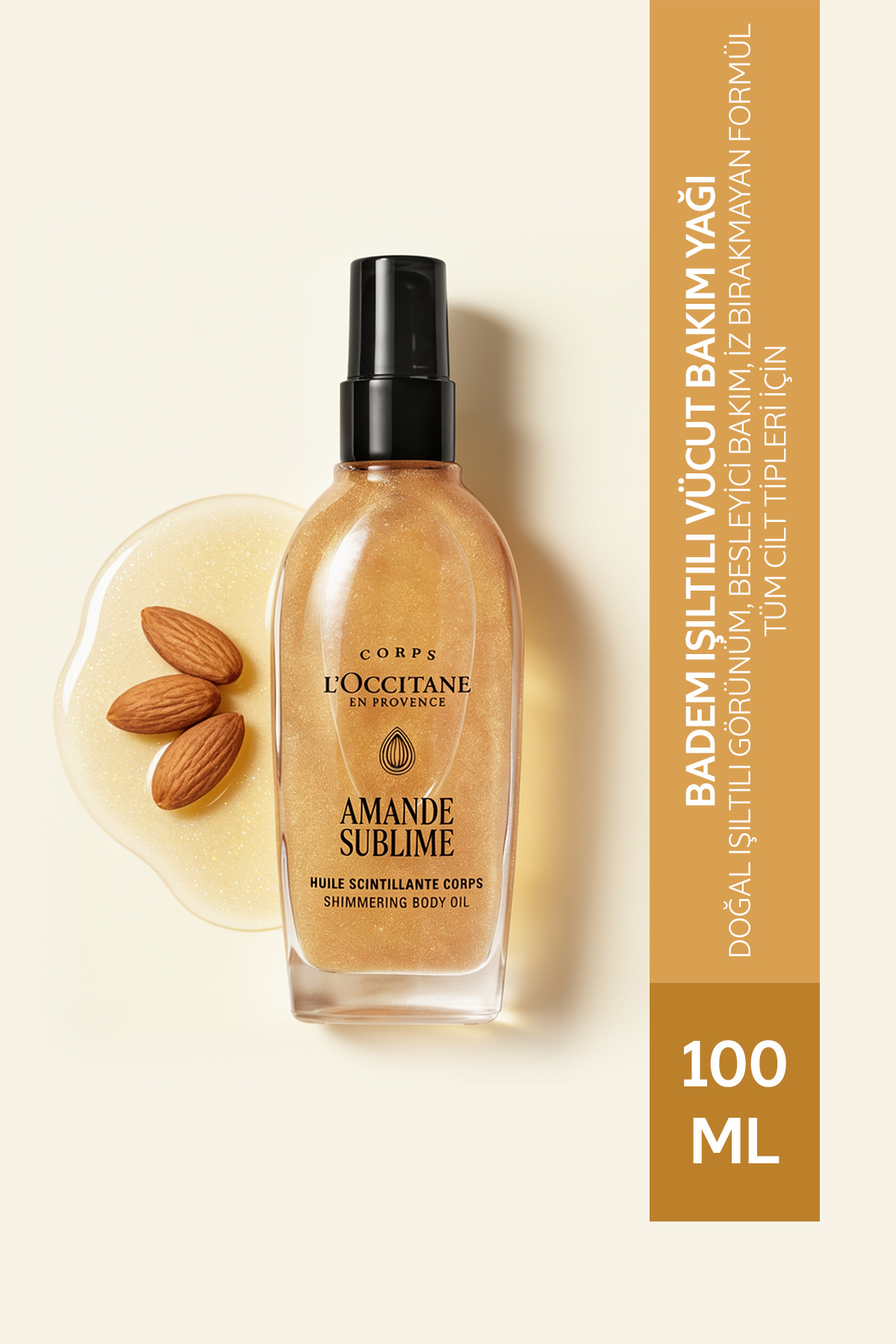 Badem Işıltılı Vücut Bakım Yağı, Altın Rengi Işıltı, Tatlı Badem Yağı İçeren Besleyici ve Nemlendirici, 100 ml — 29HF100A26