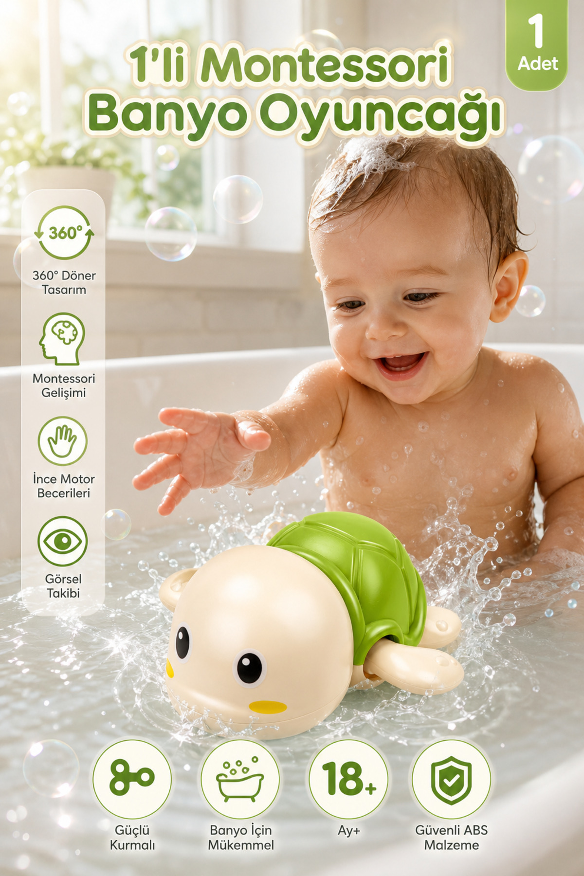 Wind-up Turtle Baby Bath Toy – Floating in the Water, Water Toy - Green Turtle