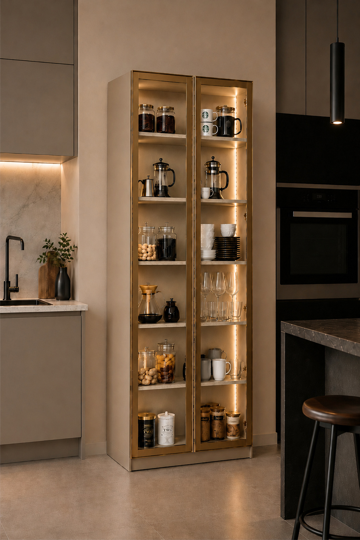 Dolce 2 Kapaklı Erzak Dolabı Led Işıklı Kiler Dolabı Temperli Camlı Çok Amaçlı Dolap Kitaplık 208 cm Vizon görsel 3