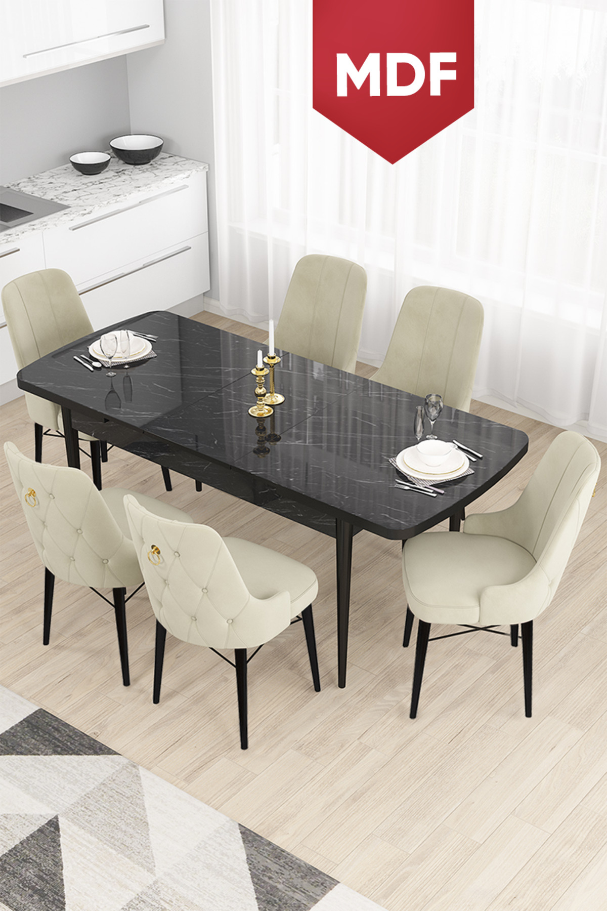 Crown Series Retractable MDF Kitchen Table Set 80x132 Black Marble Pattern Table 6 Cream Chair