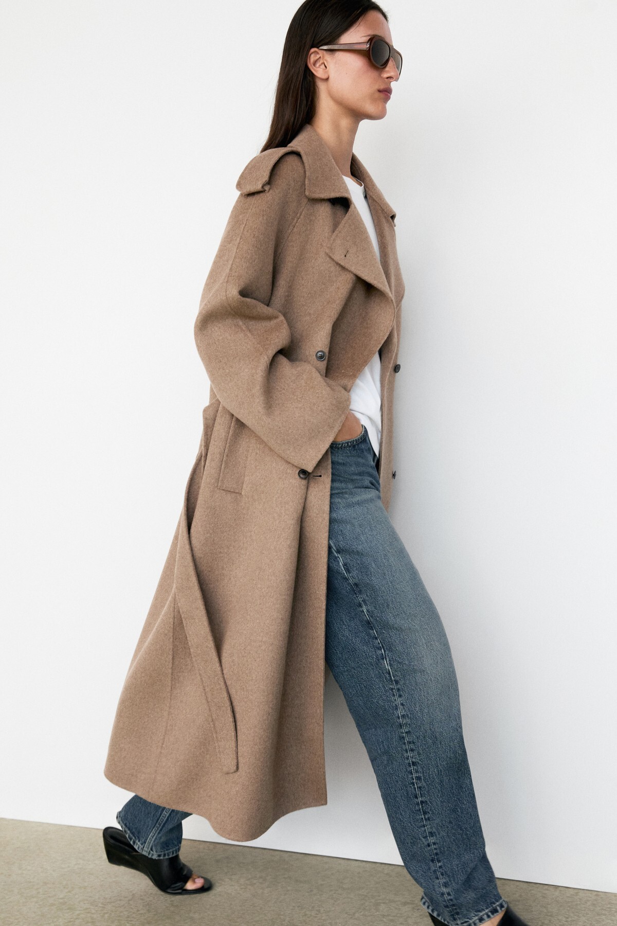 Massimo Dutti Yün karışımlı uzun trençkot görsel 4