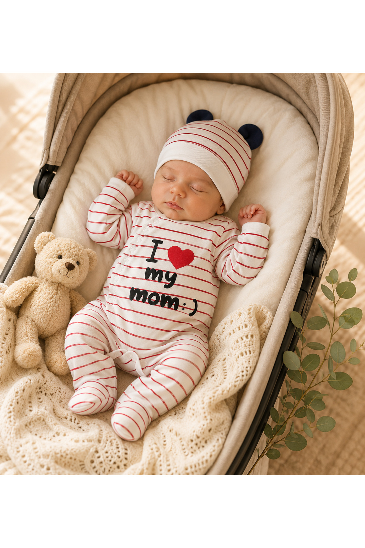 2'li Hastane Çıkışı Bebek Tulum Seti - Şapkalı I Love My Mom Baskılı