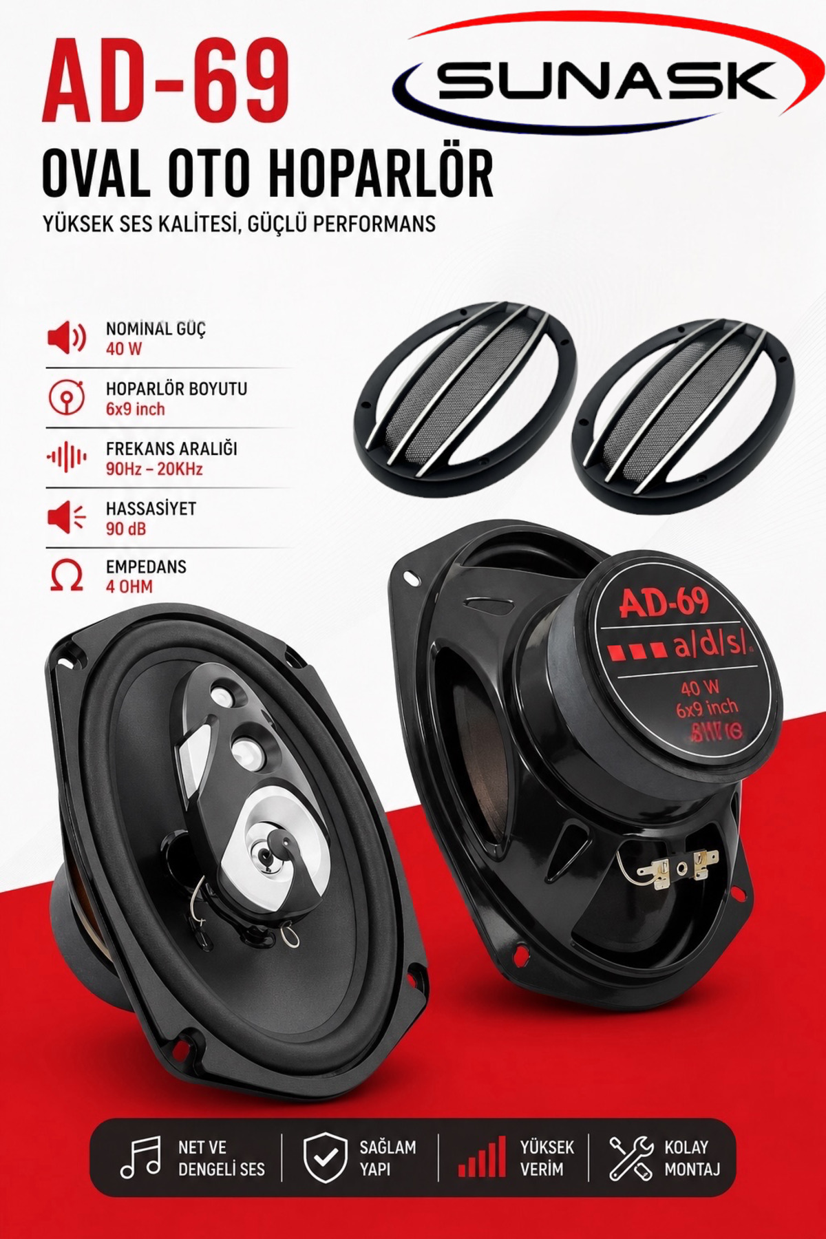 Sunask Sn-6369 1000 Watt Tweeter'li Uyumlu Oto Oval Hoparlör