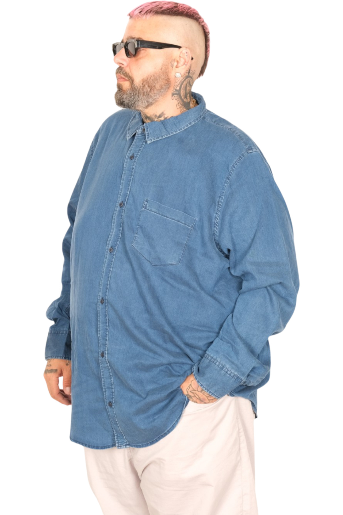 ModeXL Mode XL Büyük Beden Erkek Uzun Kol Kot Gömlek U24391 Mavi görsel 3