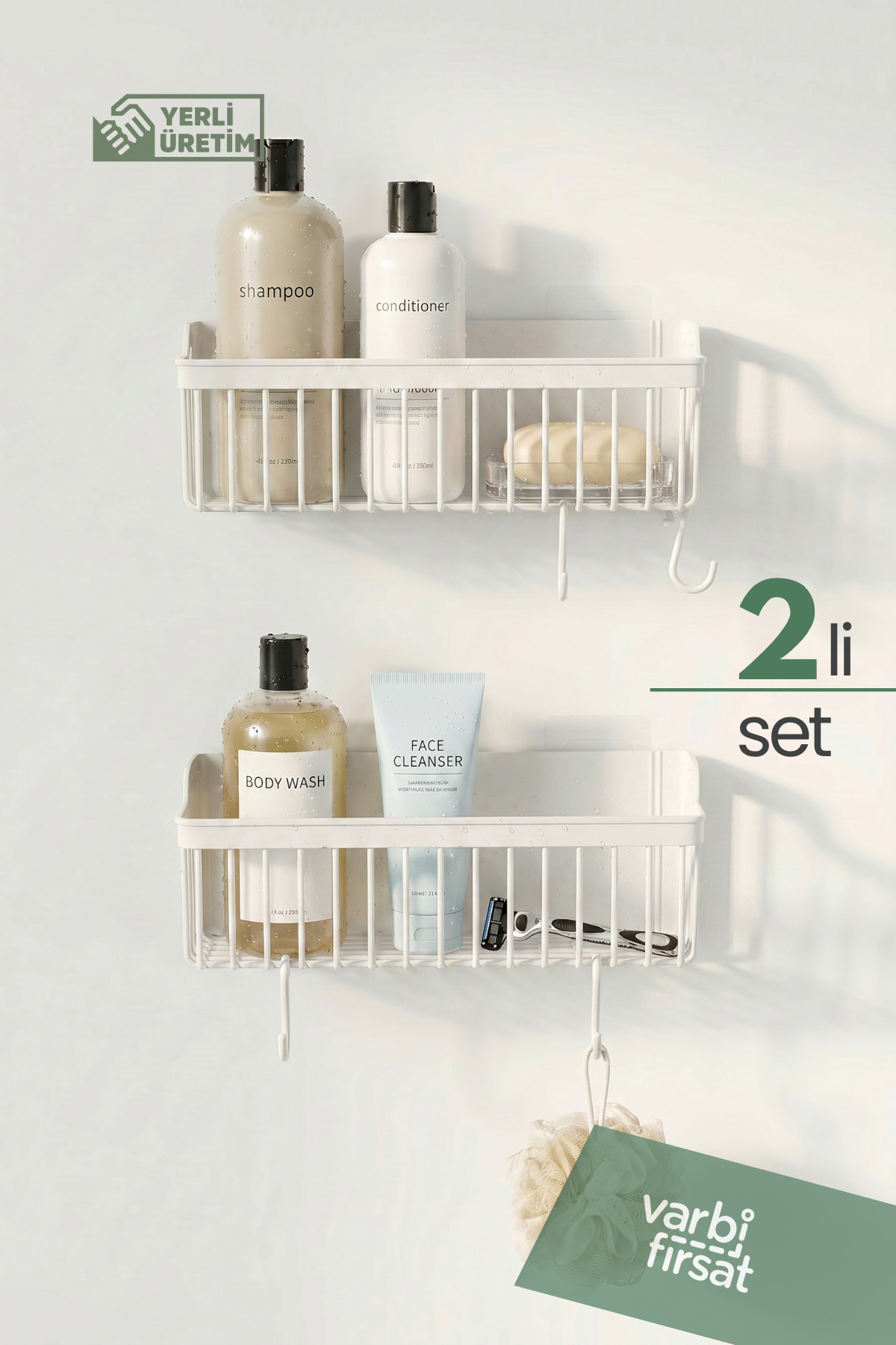 Adhesive Bathroom Shelf, 2-Piece Bathroom Organizer, Shower Shelf Organizer Shampoo Holder, Plastic Banner