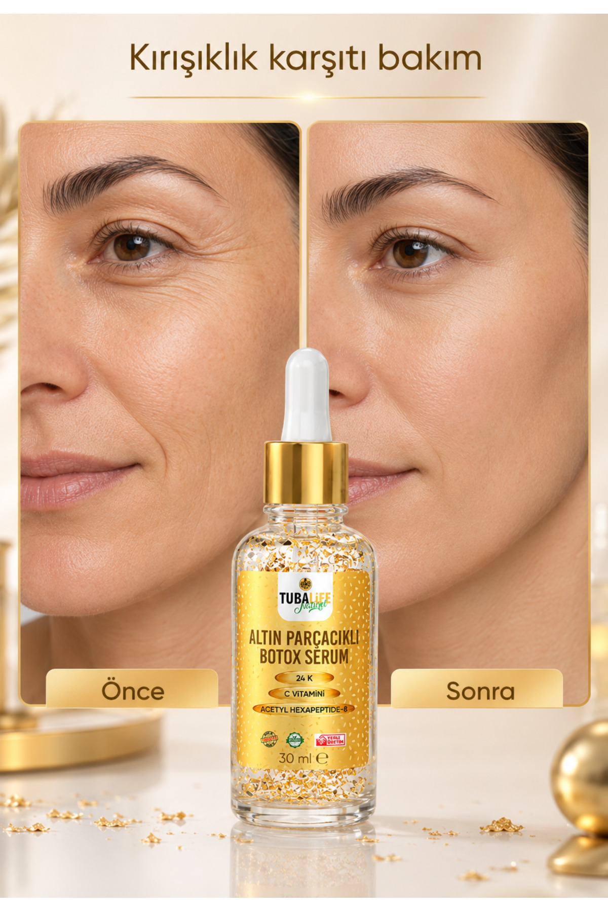 24k Altın Parçacıklı Kırışıklık Karşıtı Botoks Etkili Cilt Bakım Serumu - Yaşlanma Karşıtı - 30 ml — TB 060-003 — تصویر 7 از 8