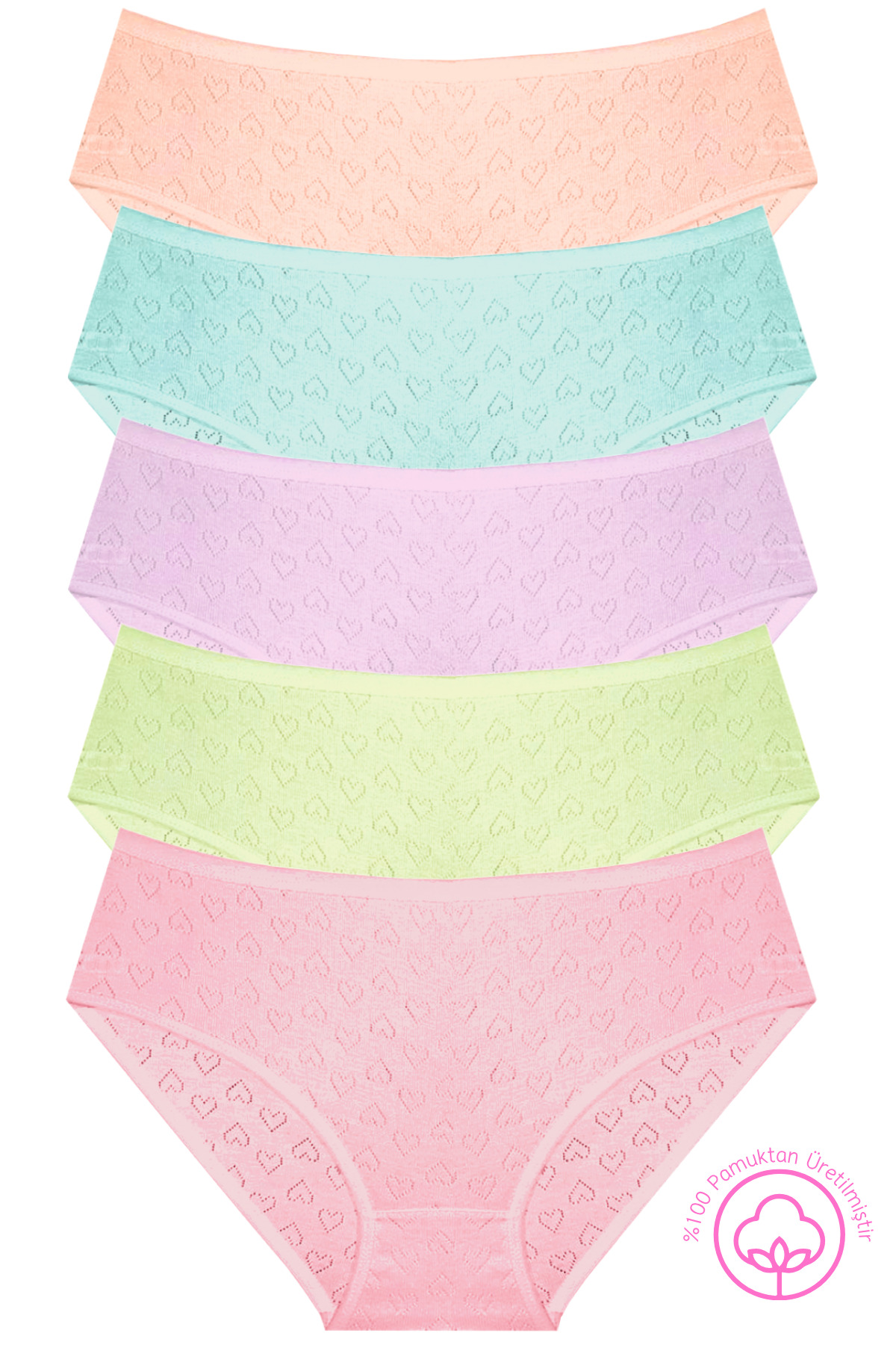Newlilla 1506 Heart Patterned 100% Cotton 5-Piece Women's Bato Brief Package V2