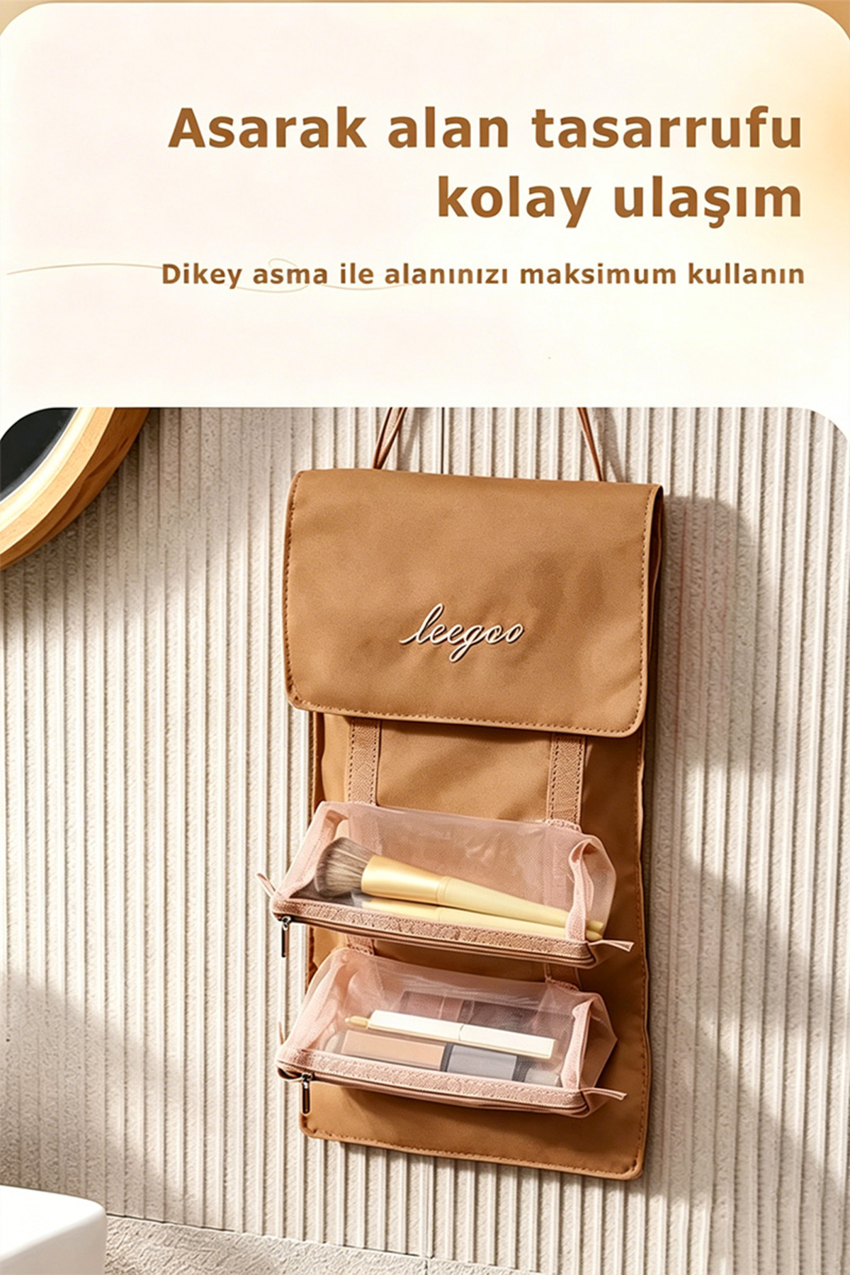 کیف آرایش مسافرتی قهوه‌ای با چندین بخش – سازمان‌دهنده آرایشی زیپ‌دار