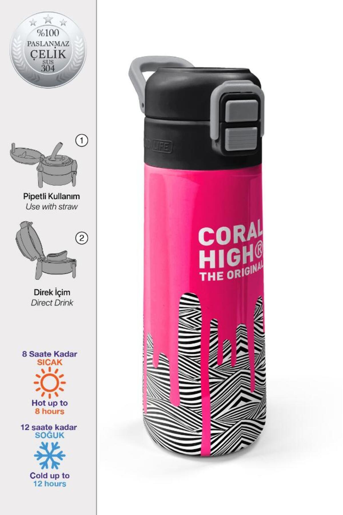 Kids Pembe Siyah Beyaz Desenli Pipetli ve Direkt İçim Çelik Termos 500 ml 31878
