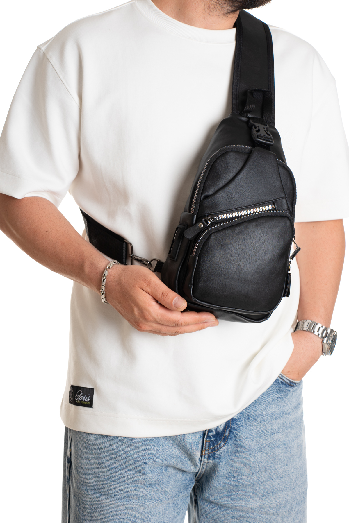 NEWISH POLO ACCESSORIES Unisex Siyah Su Geçirmez Yıkama Deri Usb Ve Kulaklık Girişli Çapraz Omuz Ve Göğüs Yürüyüş Çantası