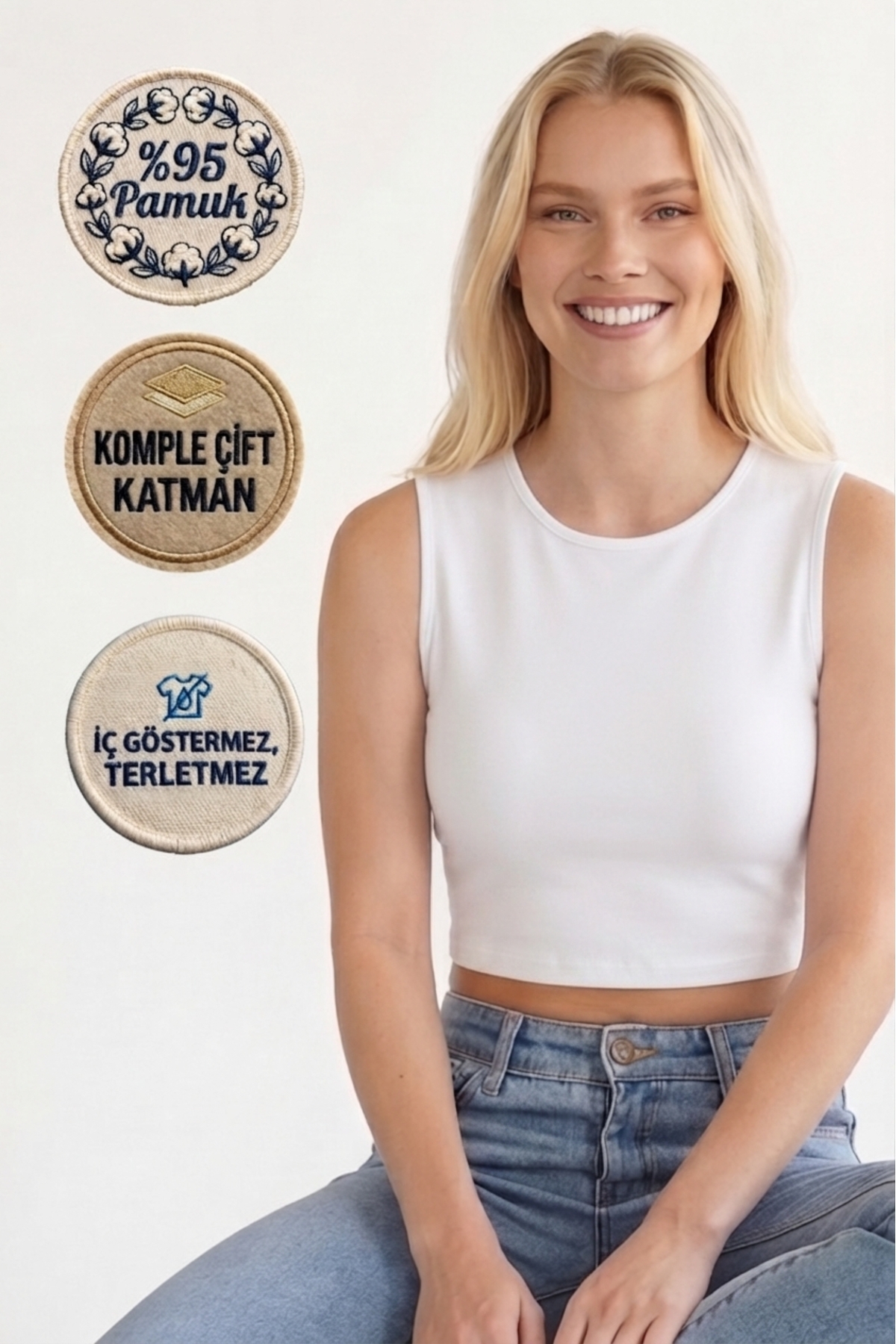 MİSTİRİK Pineyto Model Sıfır Kollu Pamuklu Yumuşak Ve Esnek Formüllü Tasarım Basic Atlet Crop Beyaz Renk görsel 2