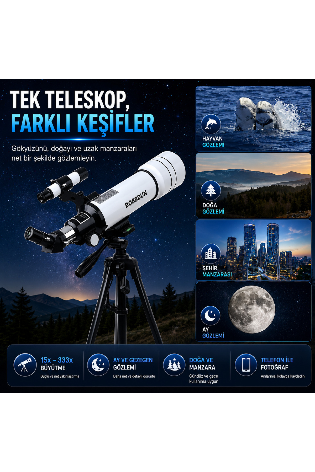 GreaTech F400x70 Profesyonel Astronomik Uzay-Doğa Gözlem Teleskobu