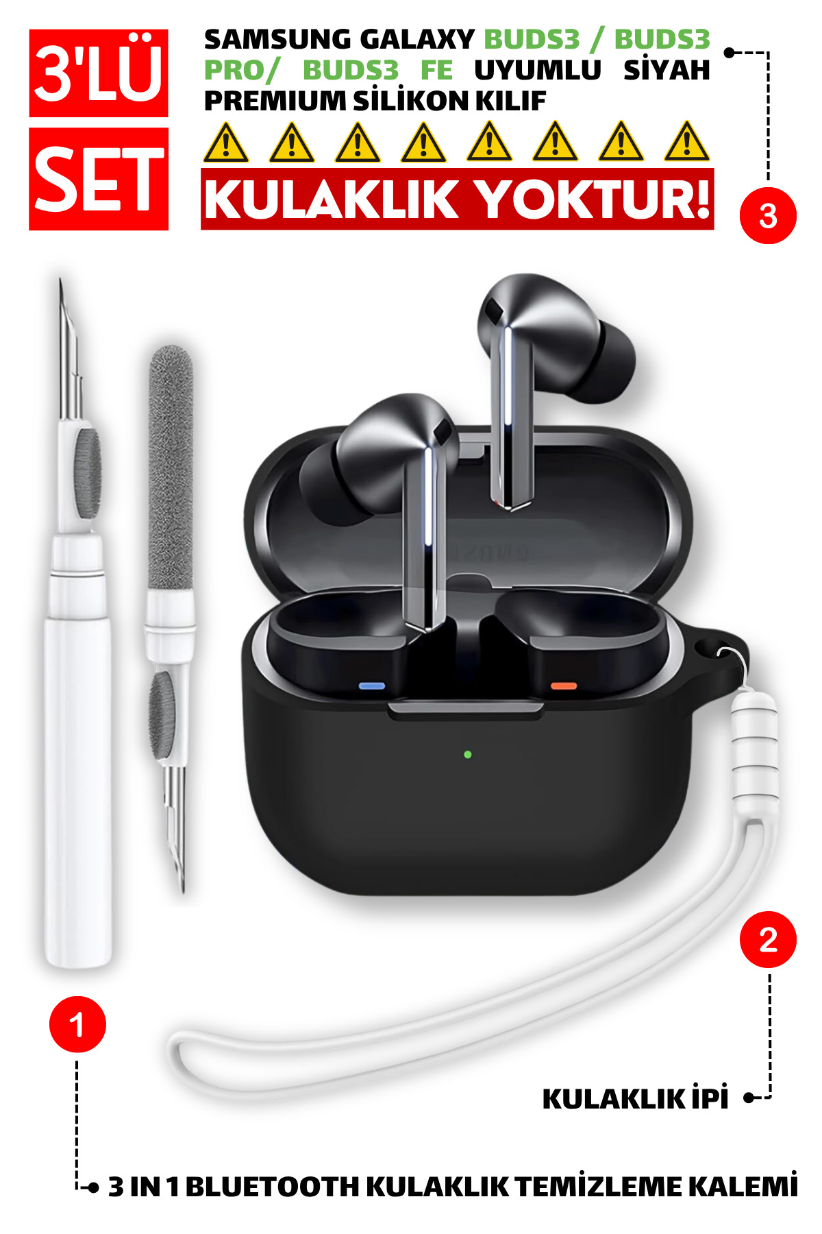 Samsung Galaxy Buds3, Buds3 Pro, Buds3 FE Compatible Silicone Case, Headphone Lanyard, Cleaning Pen Set