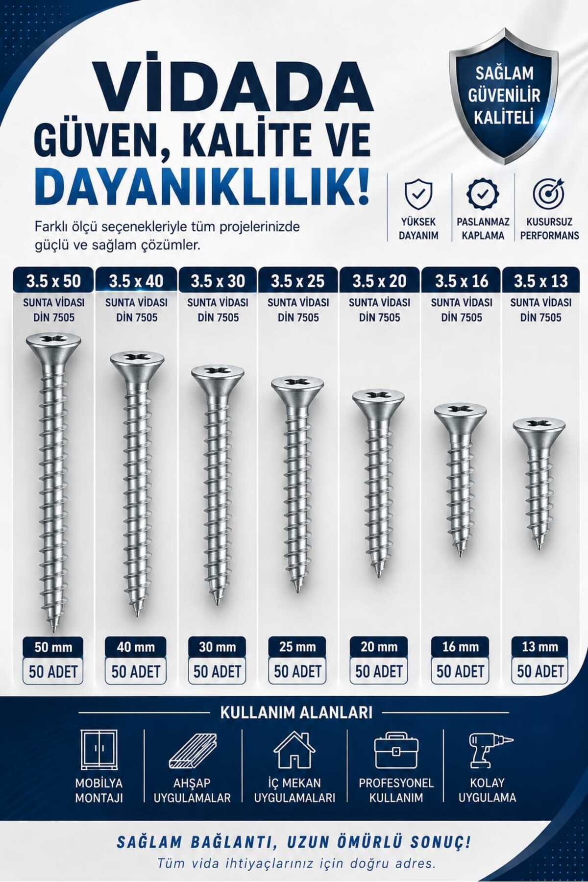 Üstün SUNTA VİDASI SETİ 3.5*13 3.5*16 3,5*20 3,5*25 3,5*30 3,5*40 3,5*50 - 7PARCA 350PCS