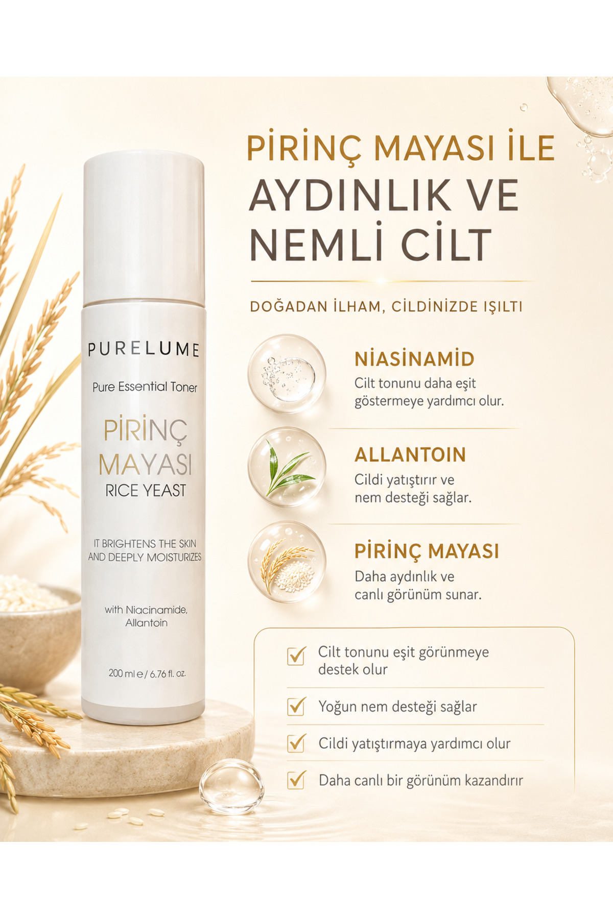 PURELUME Pirinç Mayası Beyazlatıcı Aydınlatıcı Leke Karşıtı Nemlendirici Tonik — PRL07 — تصویر 3 از 4