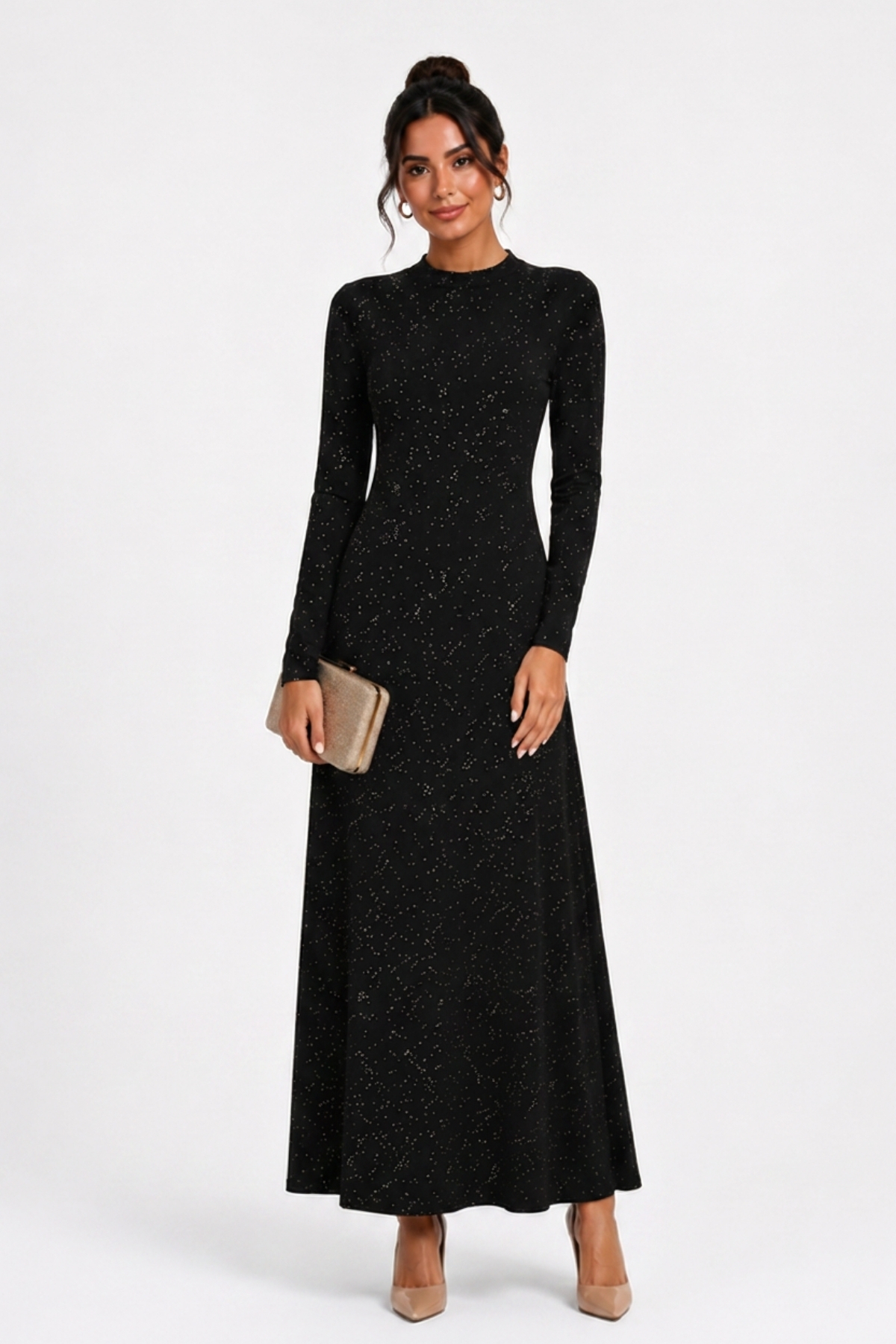 penyebizden Silvery High Collar Maxi Dress-Black