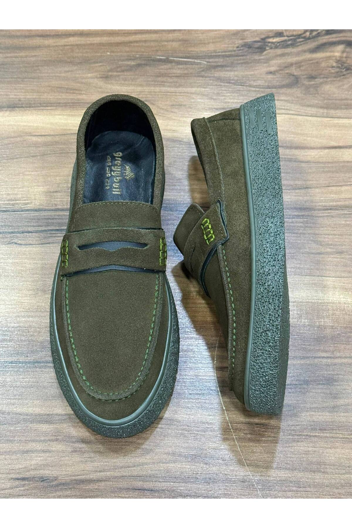 Greyybull Shoes haki süet deri erkek loafer ayakkabı - rahat esnek şık yazlık ayakkabı görsel 5