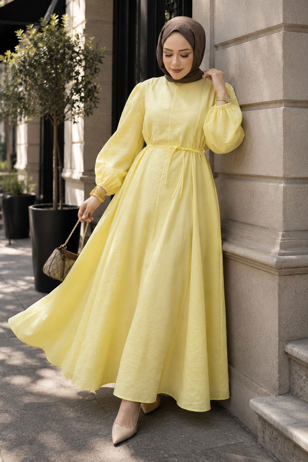 Tesettür Dünyası Lina Dress with Stitching and Lacing Detail Tsd260223 Yellow