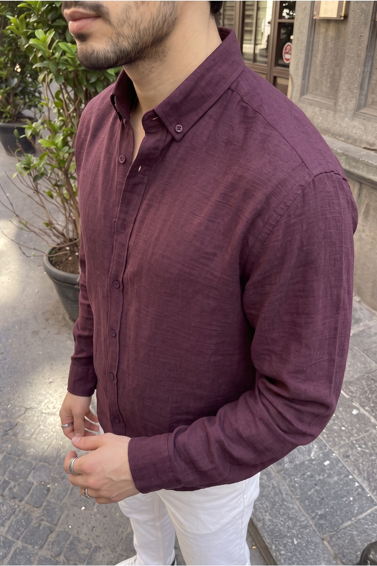 Napas Erkek Oversize Keten Görünümlü Mürdüm Gömlek — رنگارنگ 33003 — تصویر 6 از 7