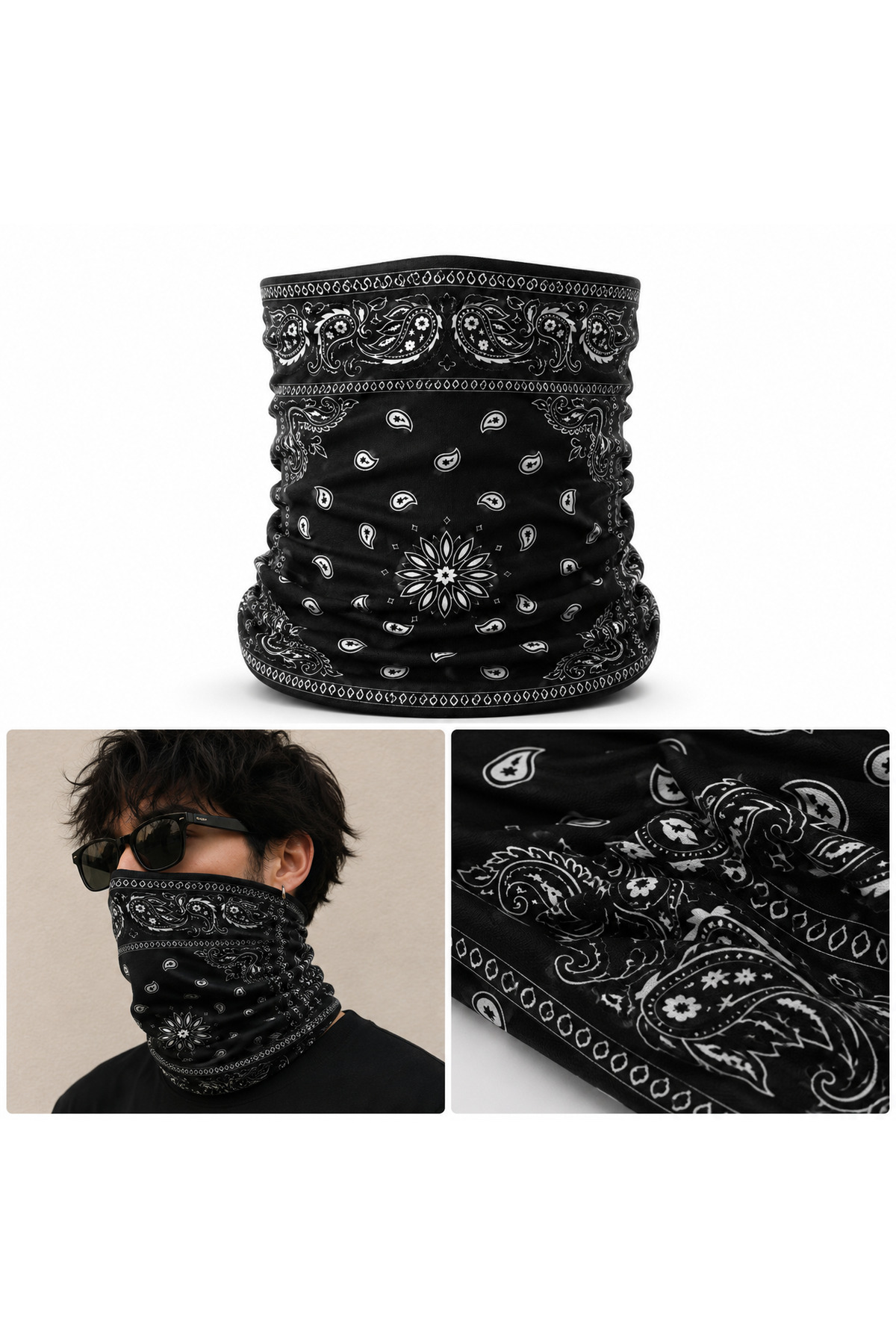 FG KONNİCHİWA Bandana Siyah Etnik Bandana Yüz Maskesi ve Boyunluk ve Günlük ve Motosiklet Kullanımı UV Korumalı Çok Amaçlı Boyunluk