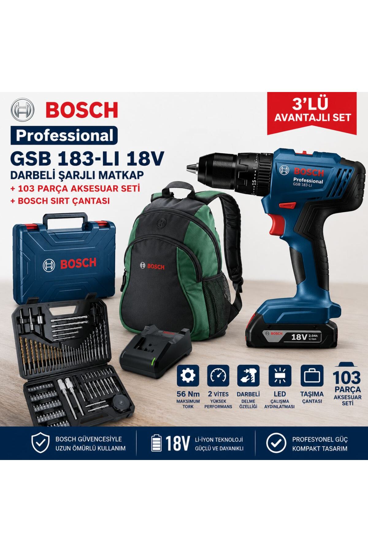 Bosch Pro GSB 183 Tek Akülü 2 Ah Darbeli Matkap Şarjlı + V-Line
