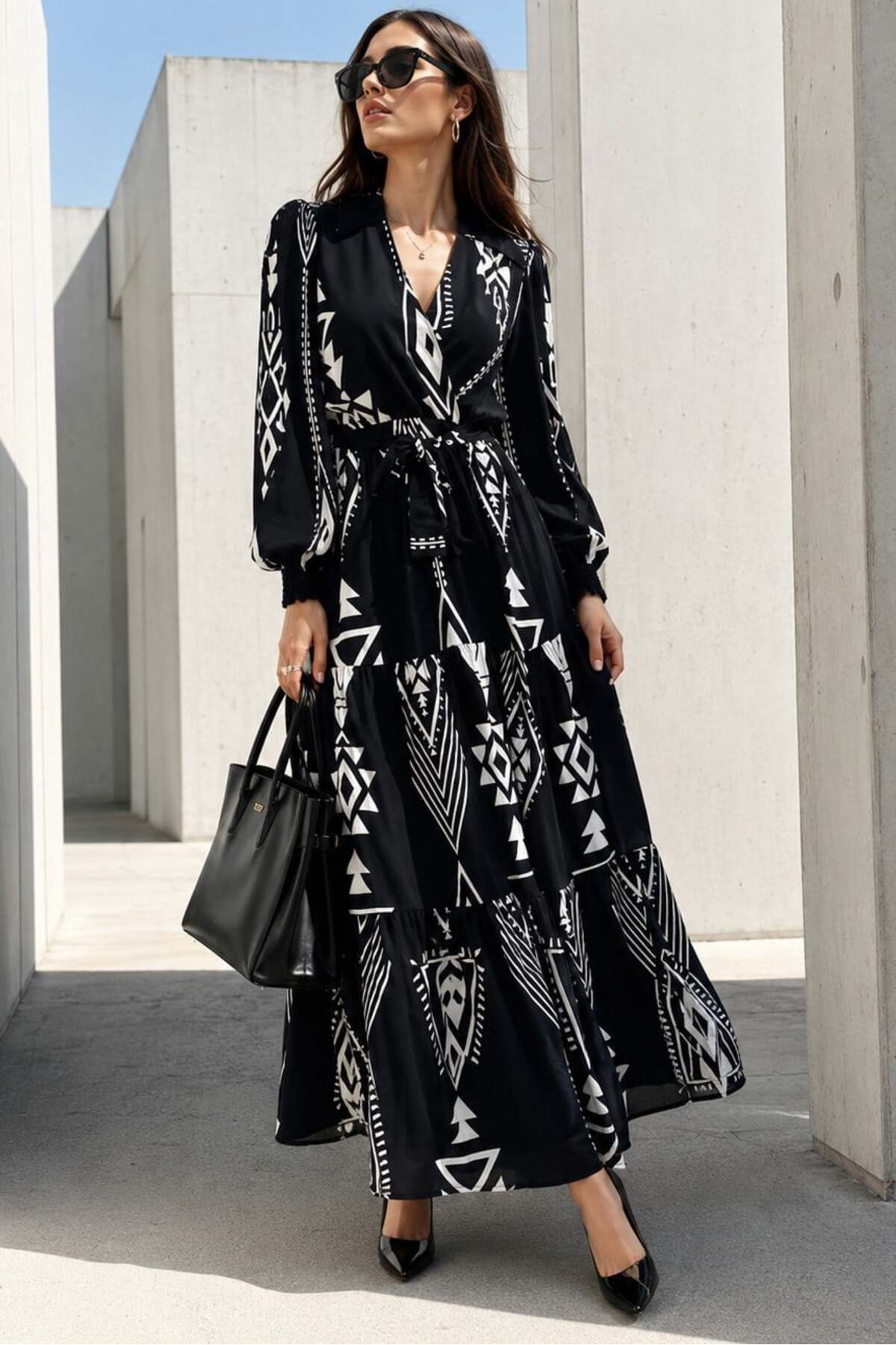 Madmext Black/White Patterned Double Breasted Collar Long Women Dress Mg2052