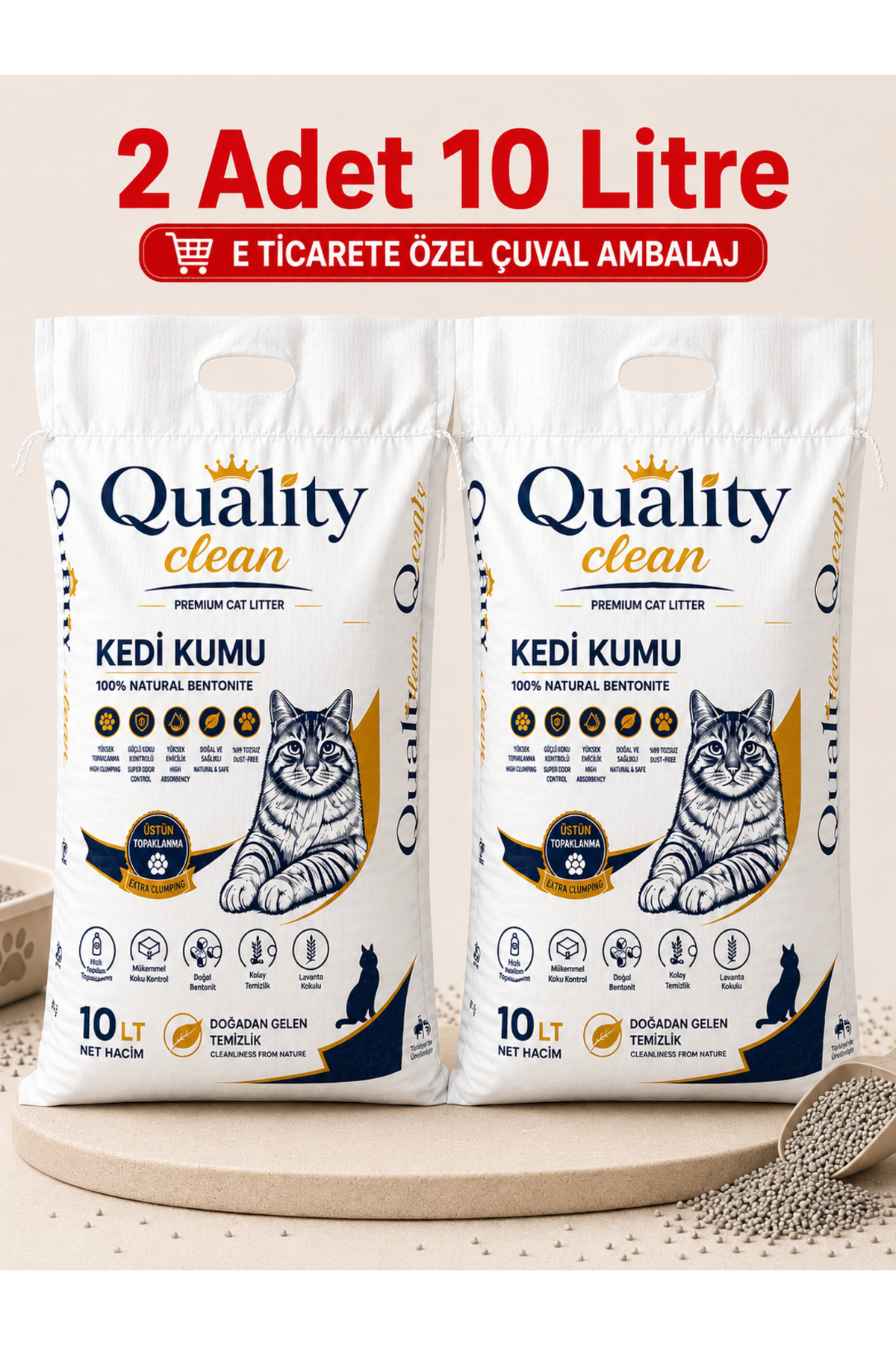Quality CLEAN Bebe Pudralı İnce Taneli Bentonit Ultra Topaklaşan Koku Hapseden 10 Litre X 2 Adet Kedi Kumu