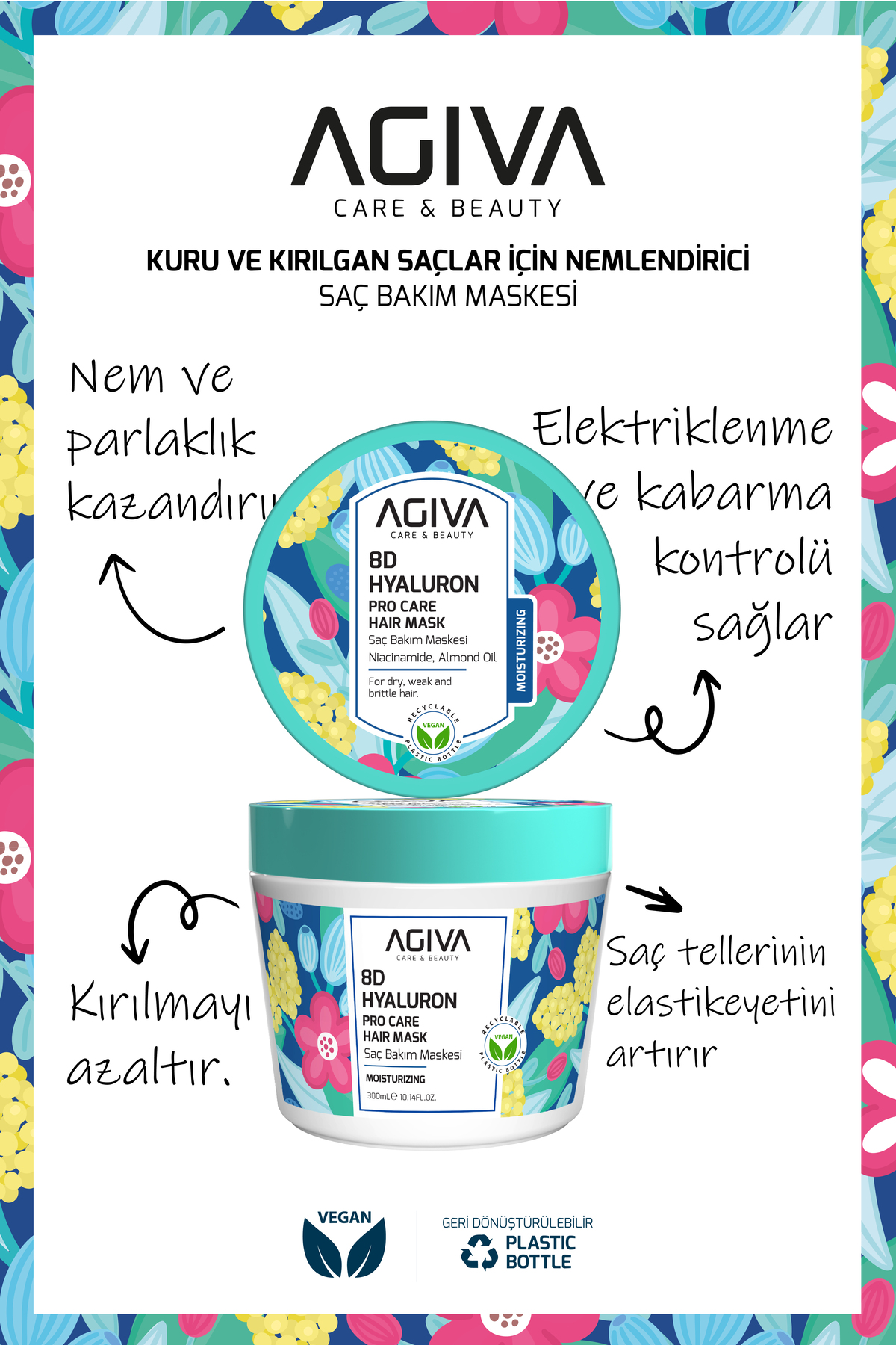 8d Hyaluron Kuru ve Mat Saçlar İçin Yoğun Nemlendirici, Güçlendirici Saç Bakım Maskesi 300 ml – Vegan — 8DMASKE — تصویر 3 از 6