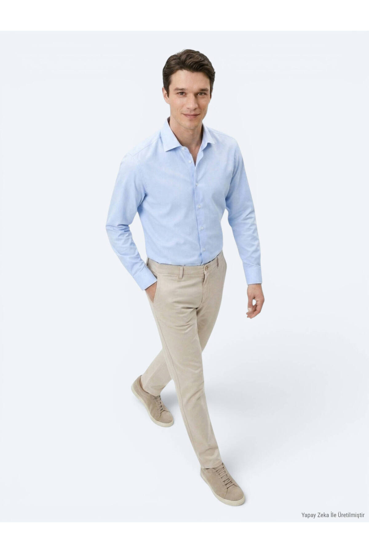 Kip Açık Mavi Çizgili Regular Fit Uzun Dokuma Casual Pamuk Karışımlı Gömlek görsel 4