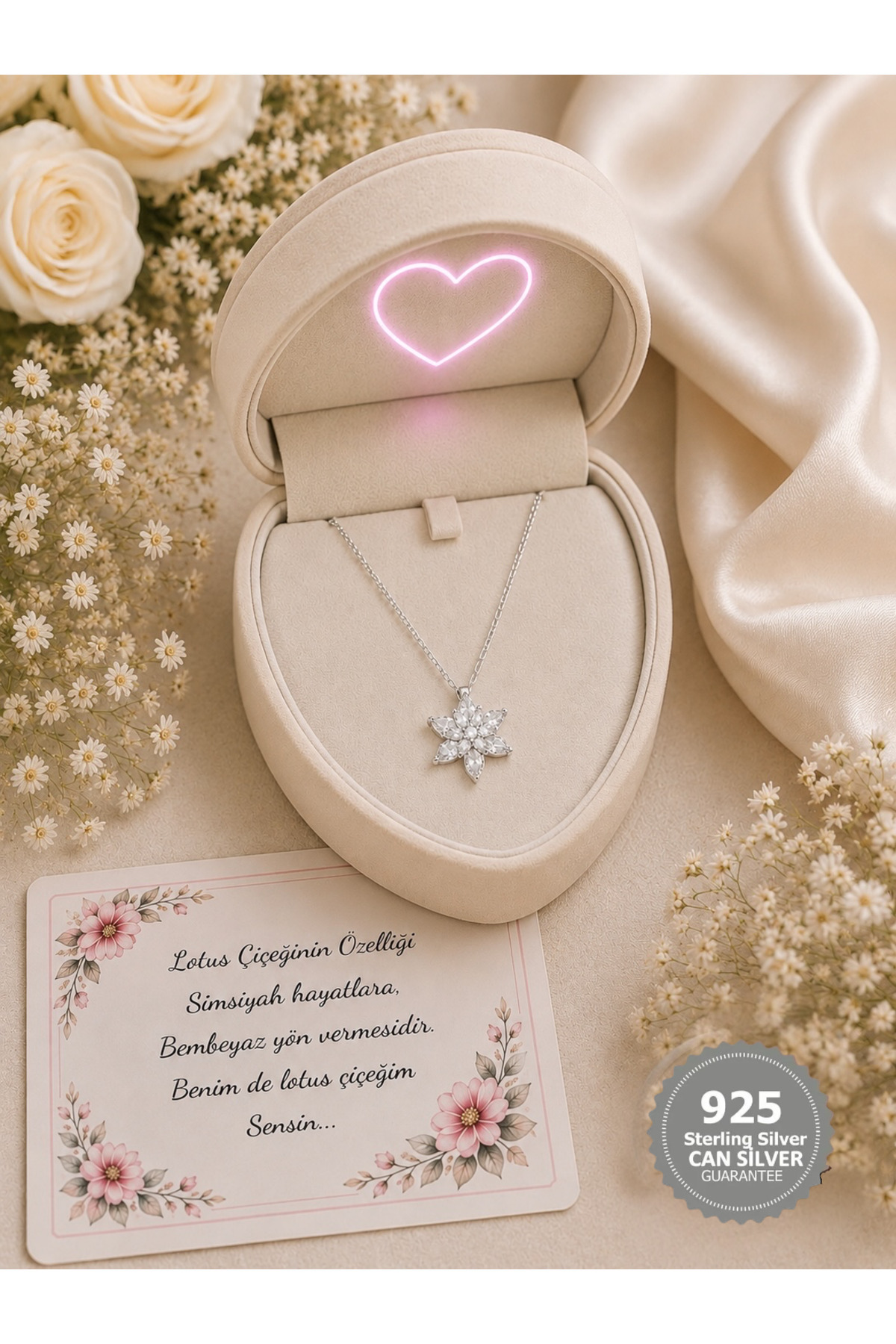 CAN SİLVER Aşk Kolyesi |925 Ayar Gümüş Beyaz Taşlı Lotus Çiçeği Gümüş Kadın Kolye- Hediye Paketli