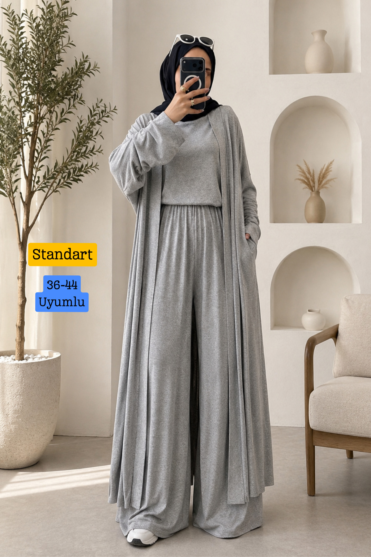 Balenbi Kadın Penye Uzun Hırka Bluz Geniş Paça Pantolon Abaya Takım Grimelanj 1217