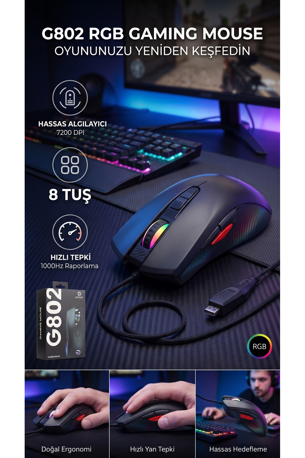7200 Dpi Rgb Işıklı 8 Tuşlu Makrolu Profesyonel Gaming Oyuncu Mouse Kablolu Ergonomik Tasarım