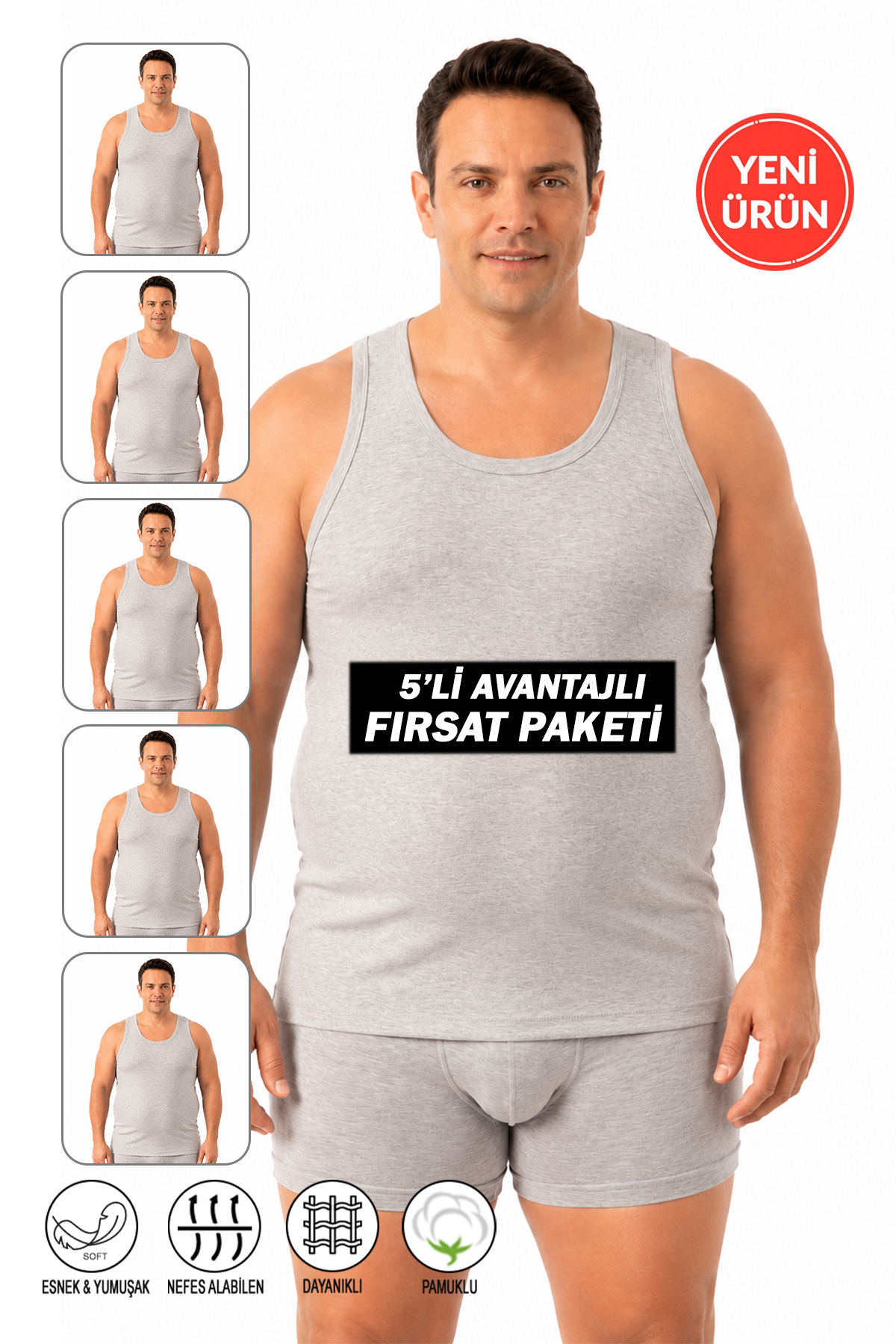 ÖZKAN underwear Özkan 12473 5'li Paket Erkek Pamuklu Ribana Esnek Rahat Kalın Askılı Büyük Beden Atlet