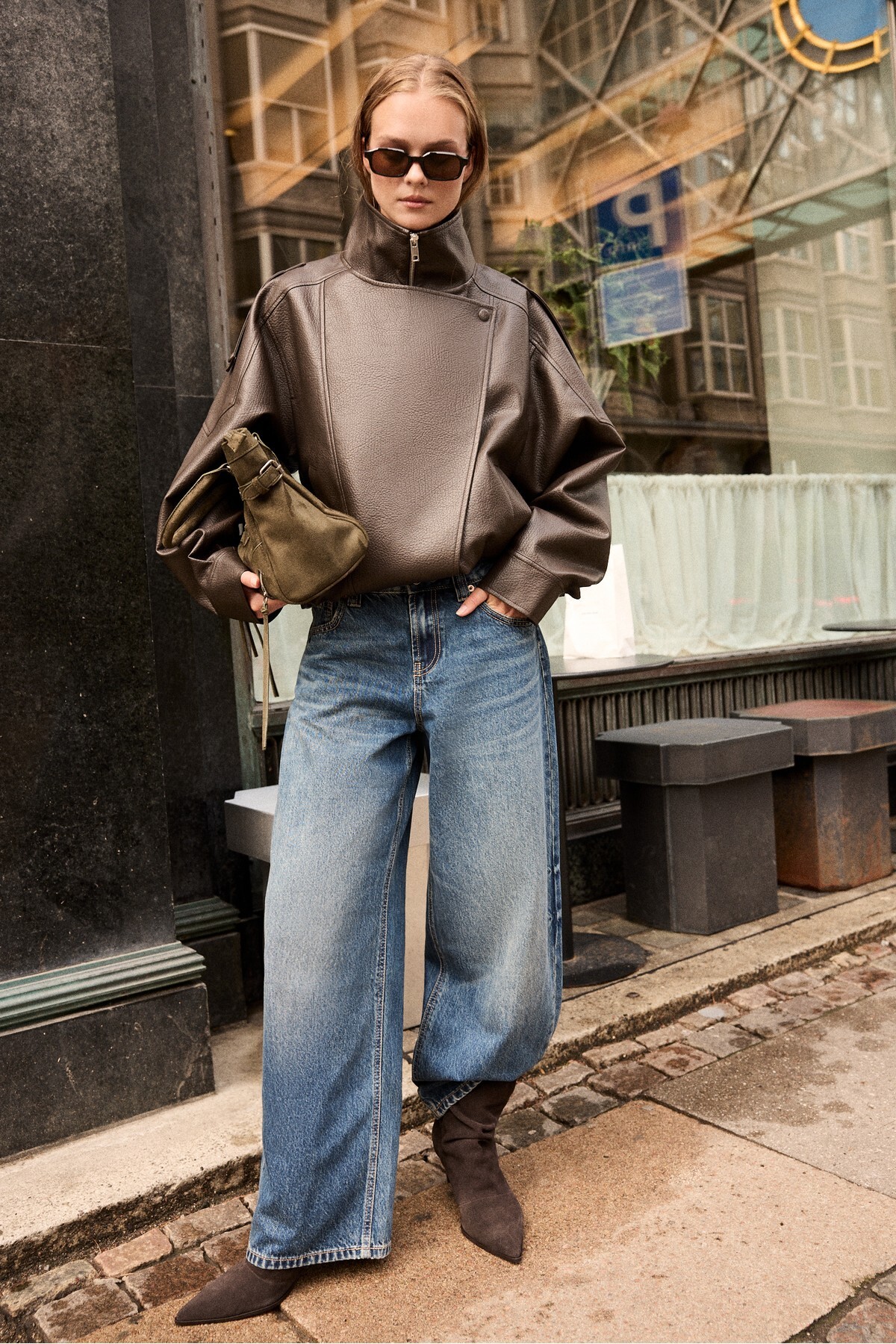 Stradivarius Oversize suni deri biker ceket görsel 2
