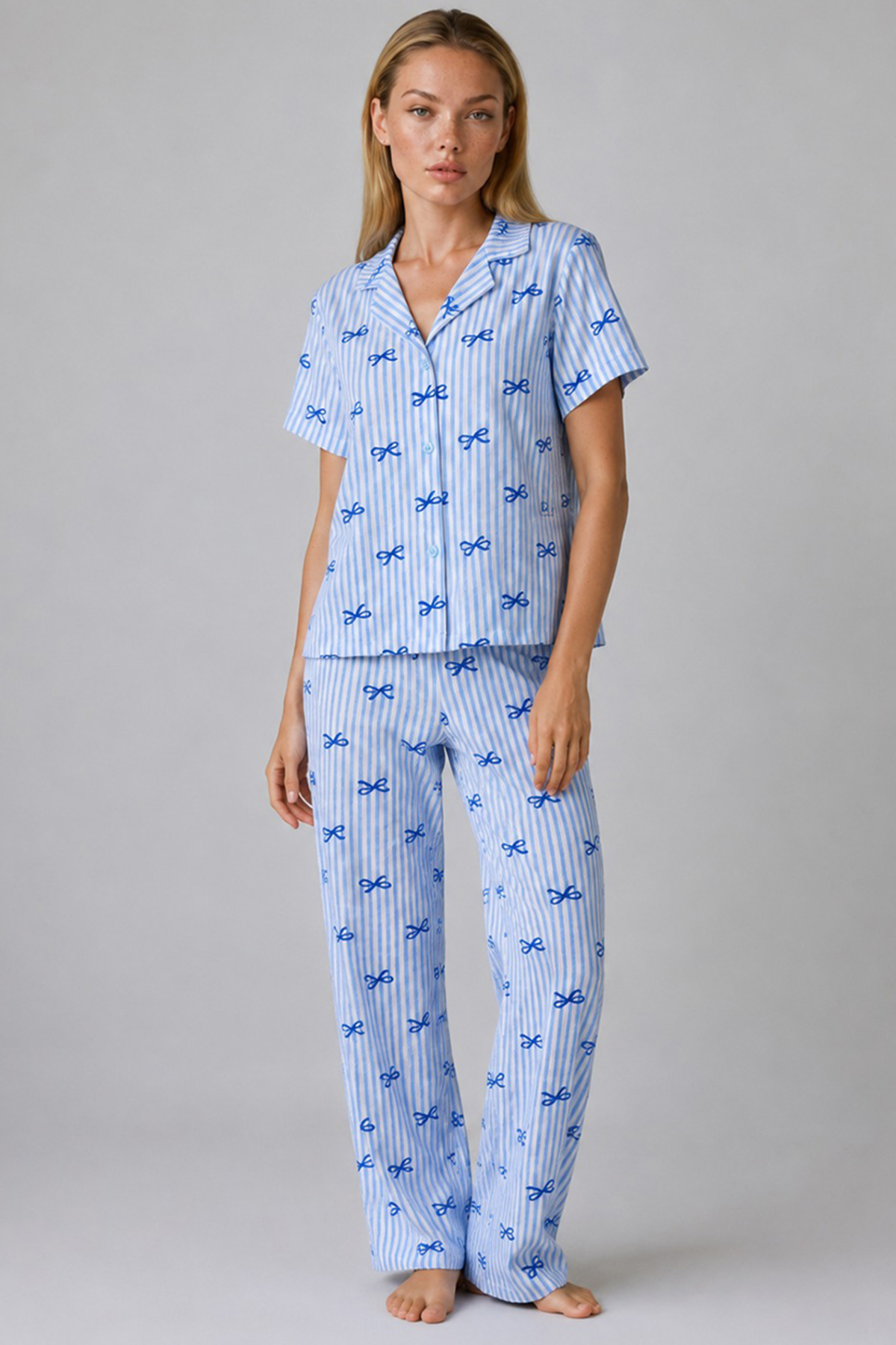 FİT WOMEN Mavi Kurdele Desenli Çizgili Bürümcük Pijama Takımı 4645-Mavi görsel 6